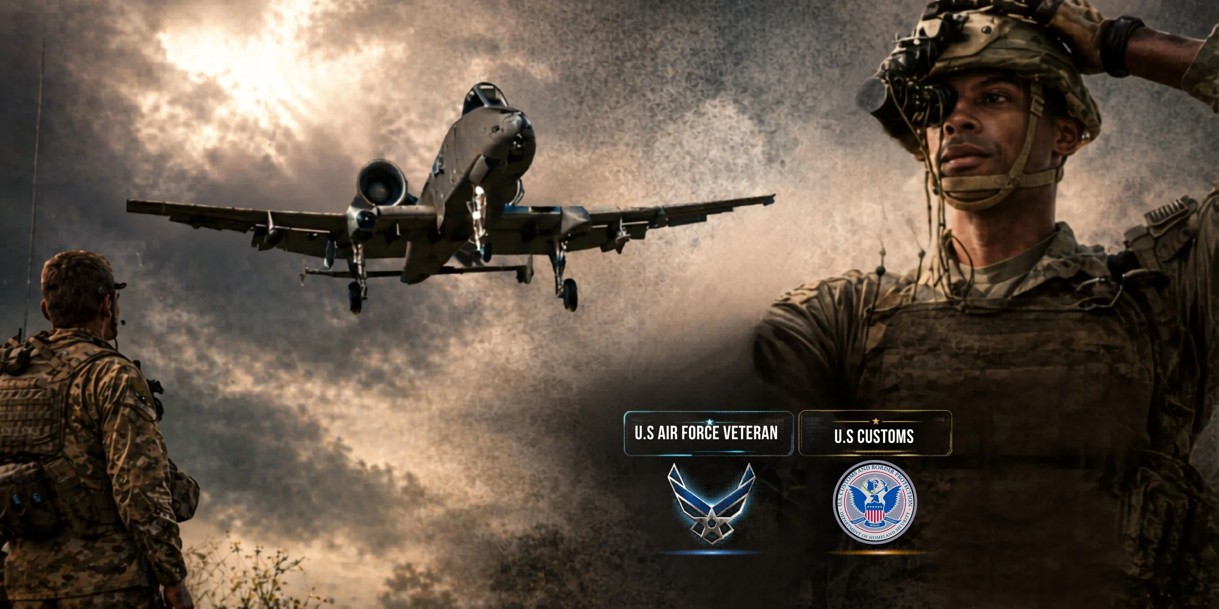 Military personnel in camouflage uniforms standing outdoors under a cloudy sky, with a fighter jet flying overhead. The image also includes logos of the U.S. Air Force and U.S. Customs.