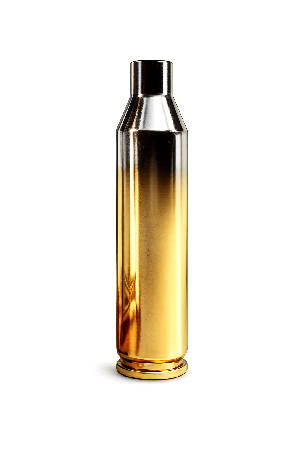 A tall, metallic bottle with a gradient from gold at the bottom to black at the top, standing on a reflective surface.