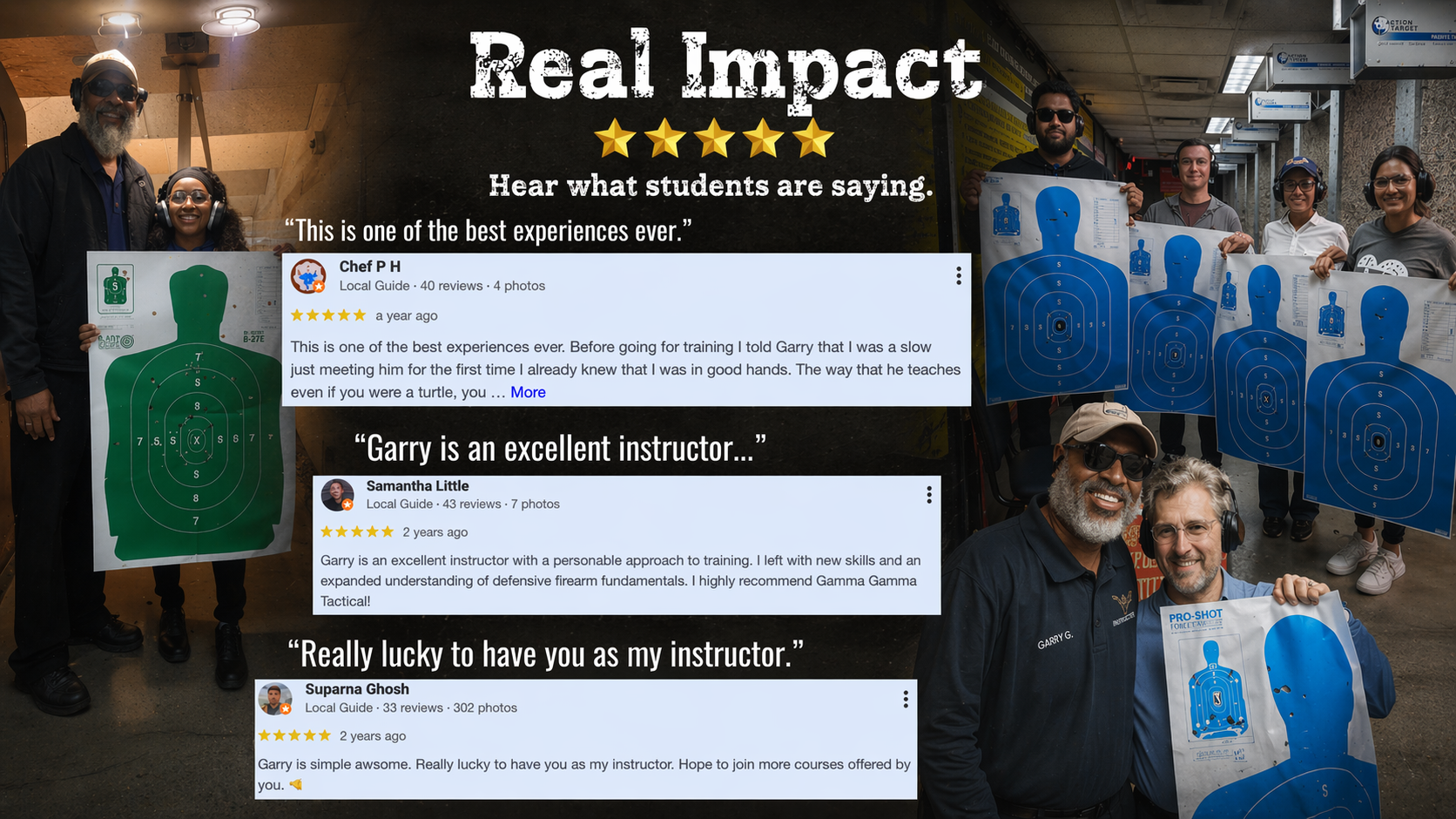 Group of people at a gun shooting range, holding target sheets with blue human silhouette targets, smiling, and wearing hearing protection, with positive online review comments overlayed on the image.