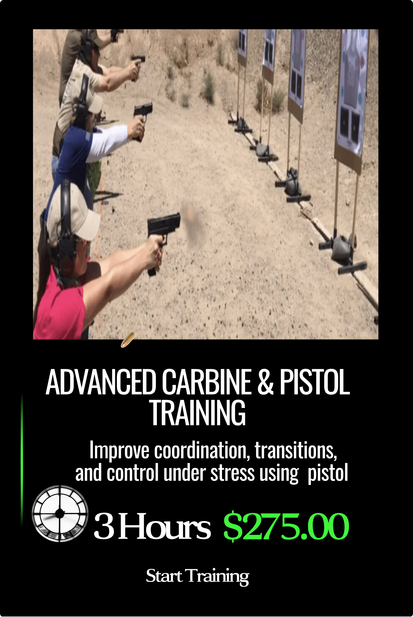 An advertisement for advanced carbine and pistol training, showing people aiming handguns at shooting targets outdoors.