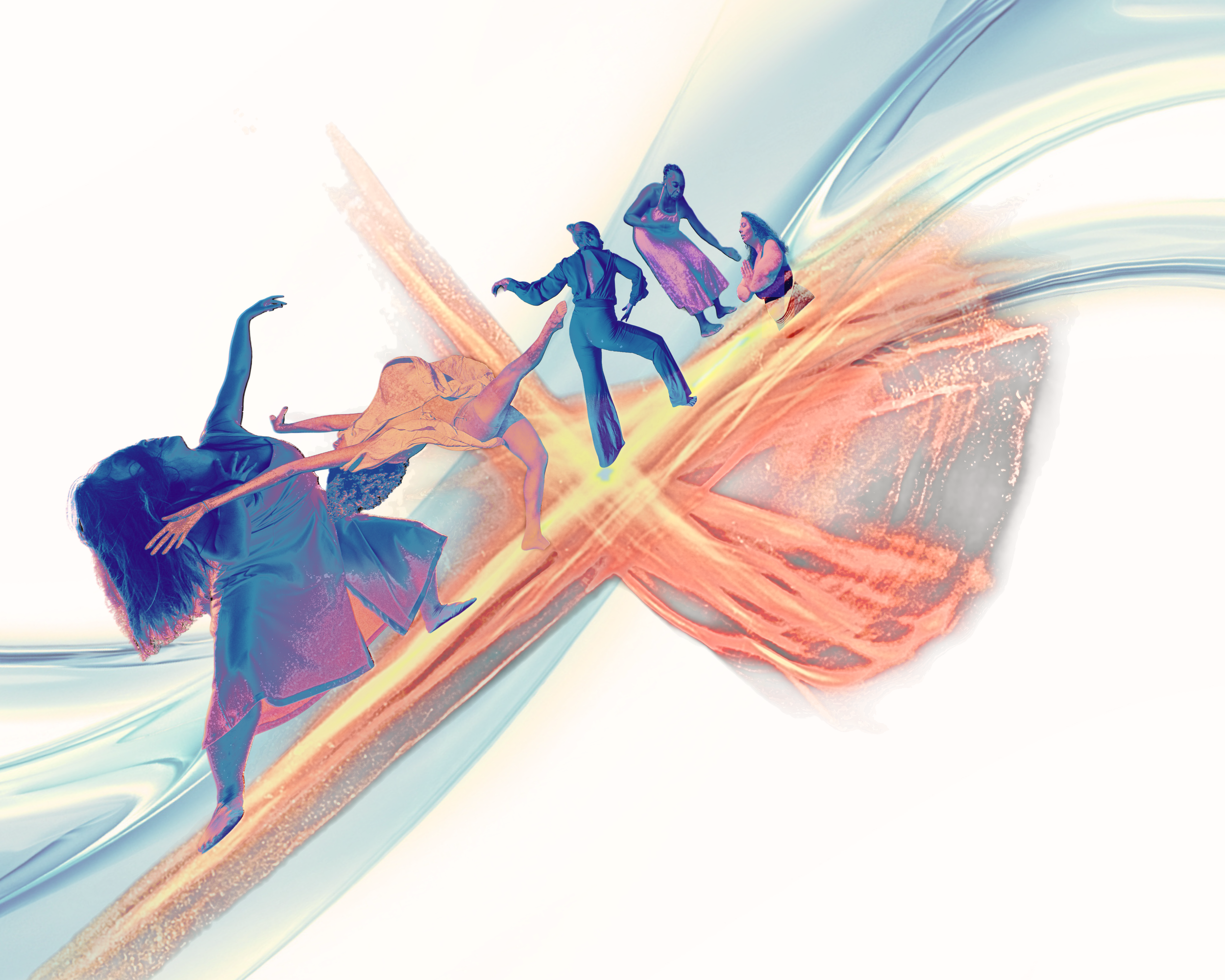 Colorful abstract image with small figures of women dancing, set against a swirling, vibrant background.