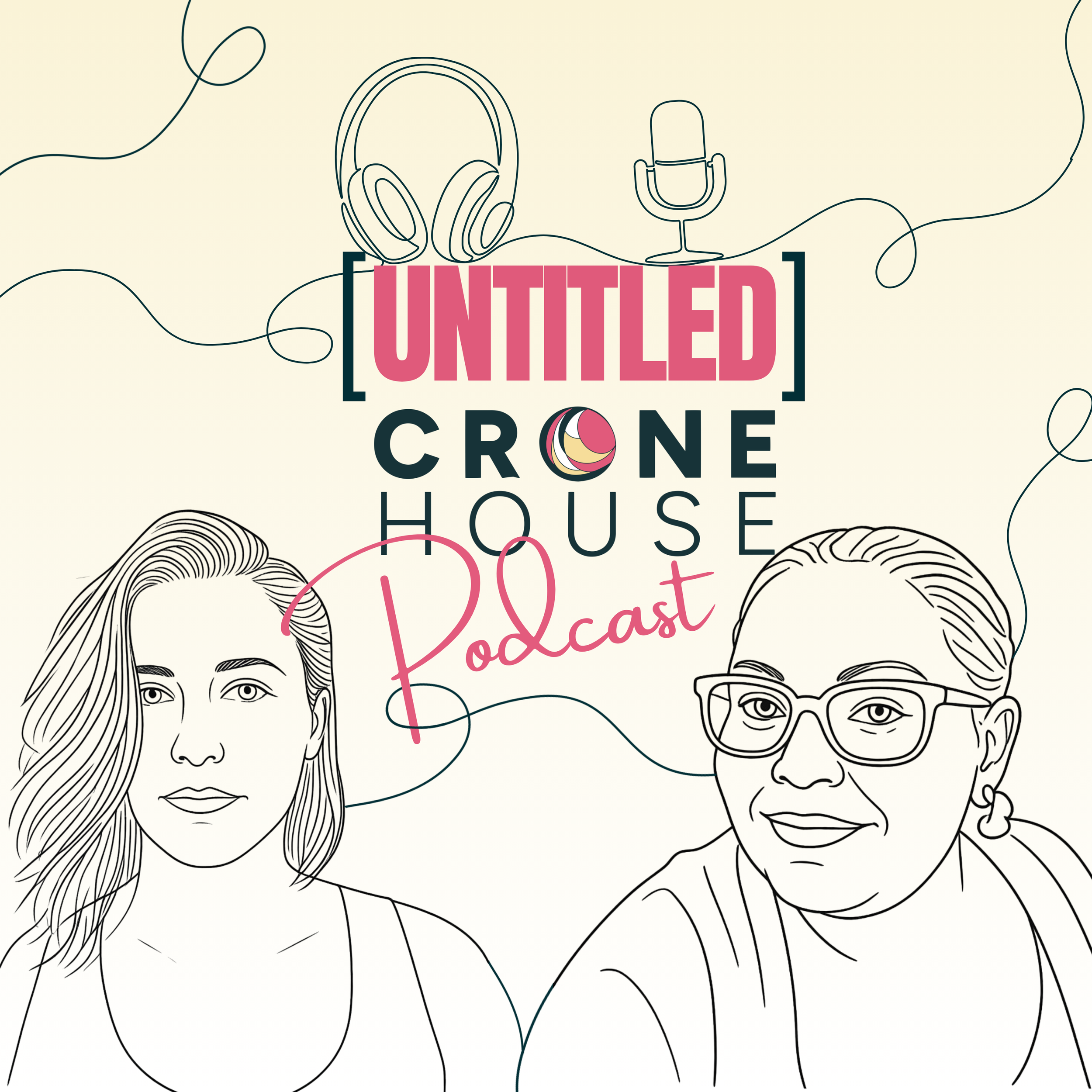 Illustration of a podcast logo with line art portraits of a woman with long hair and a man with glasses, connected by a continuous line, with the words 'United Crone Podcast' in pink and black text.