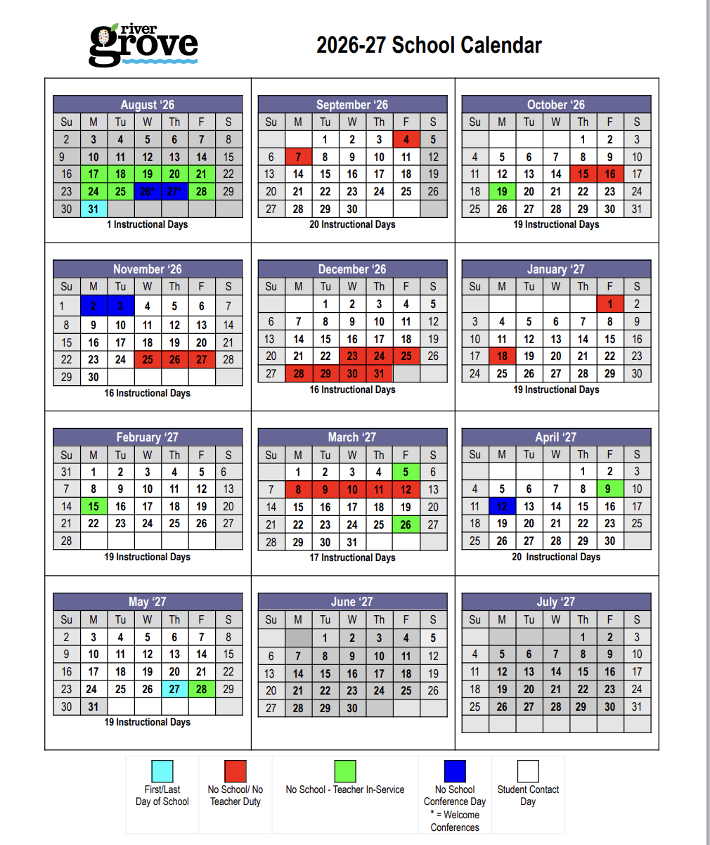 The official 2026-27 school calendar for River Grove Elementary in Minnesota, outlining instructional days, student holidays, teacher in-service dates, and school conferences..