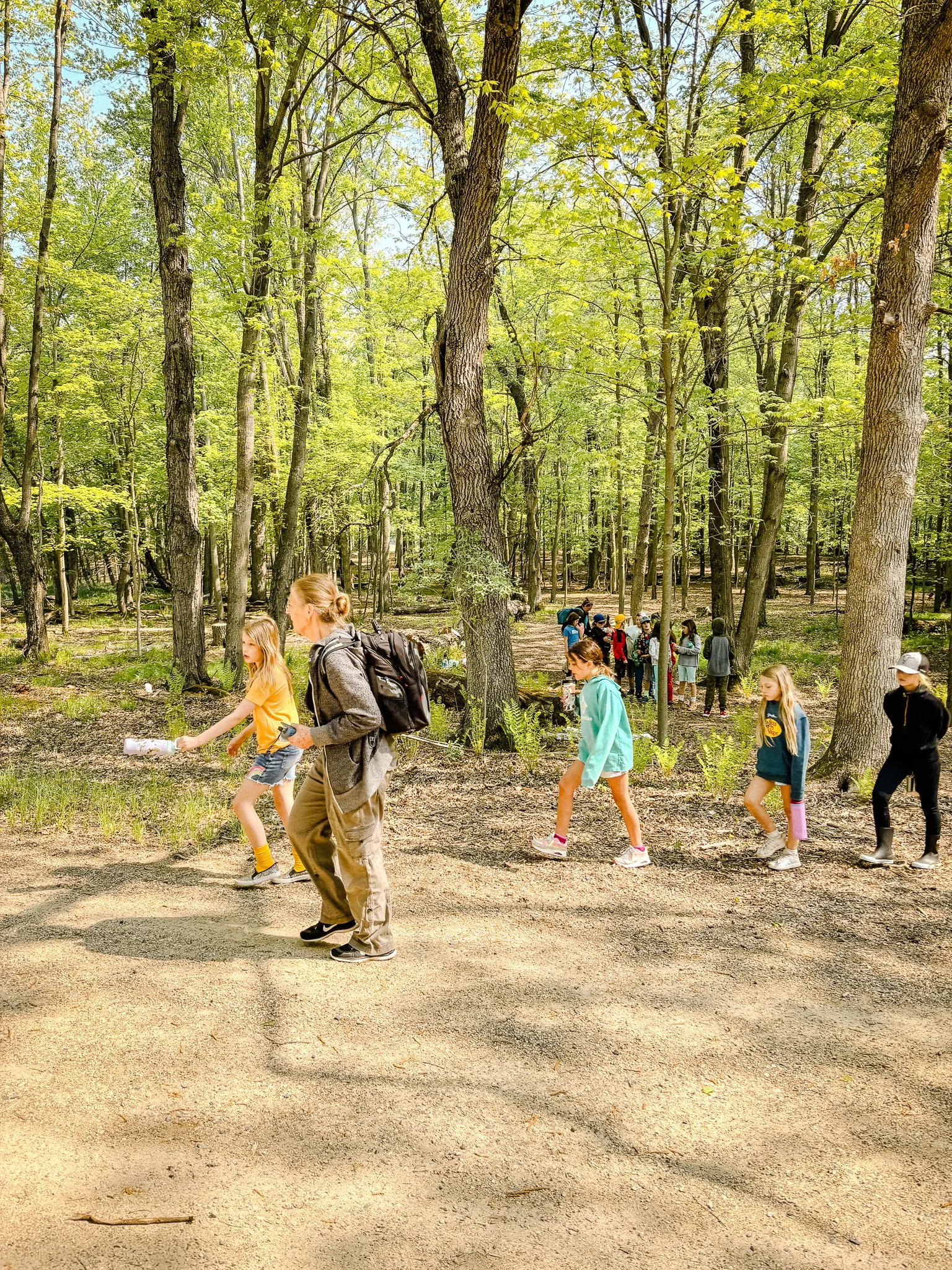River Grove Elementary students walk through wooded trails on the school’s forest campus, experiencing outdoor learning and hands-on connections with nature at a Minnesota K–5 charter school.