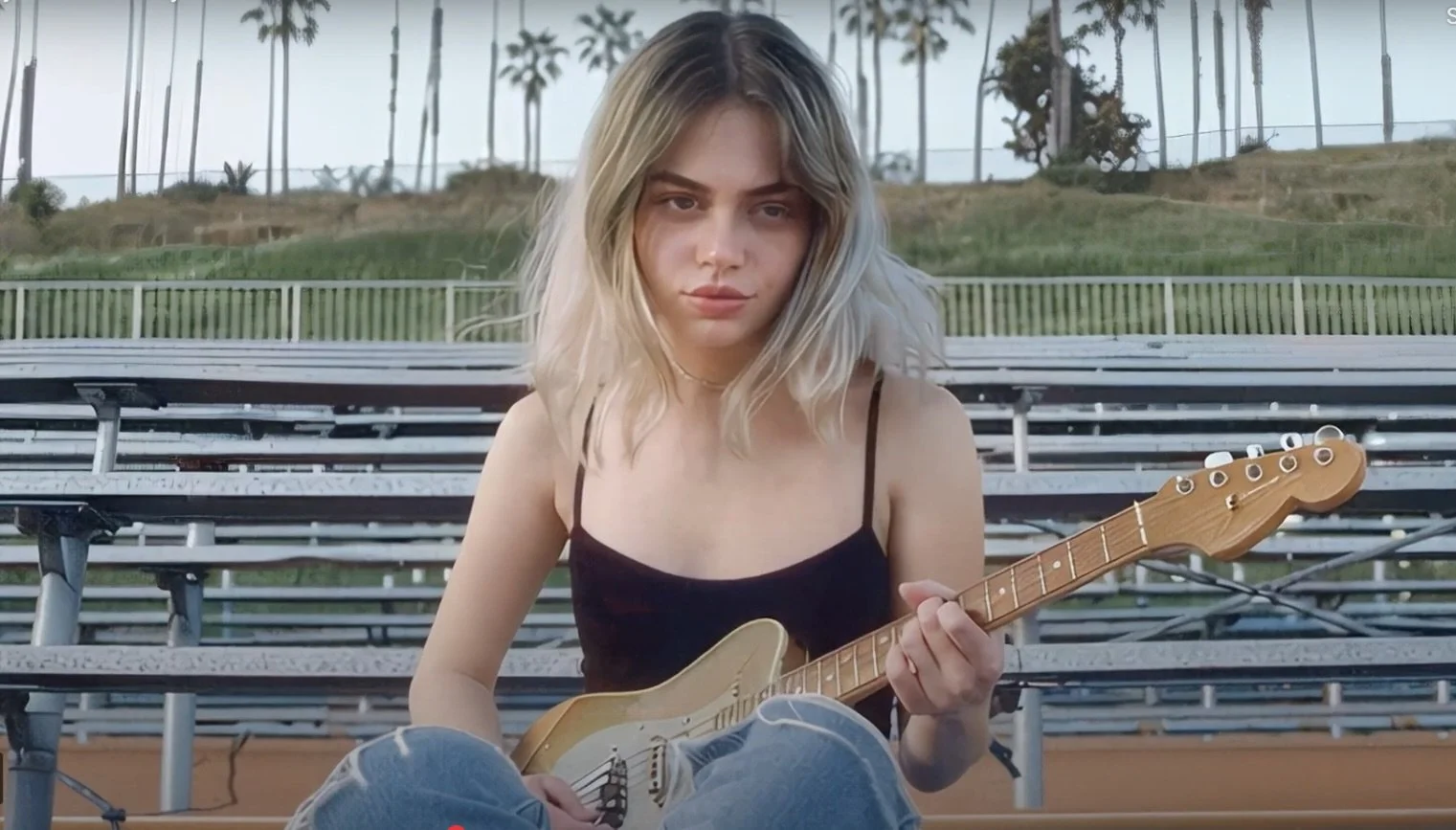 Cloudy Heart A young woman with blonde, wavy hair sitting on bleachers at an outdoor sports field, holding an electric guitar, with palm trees in the background.