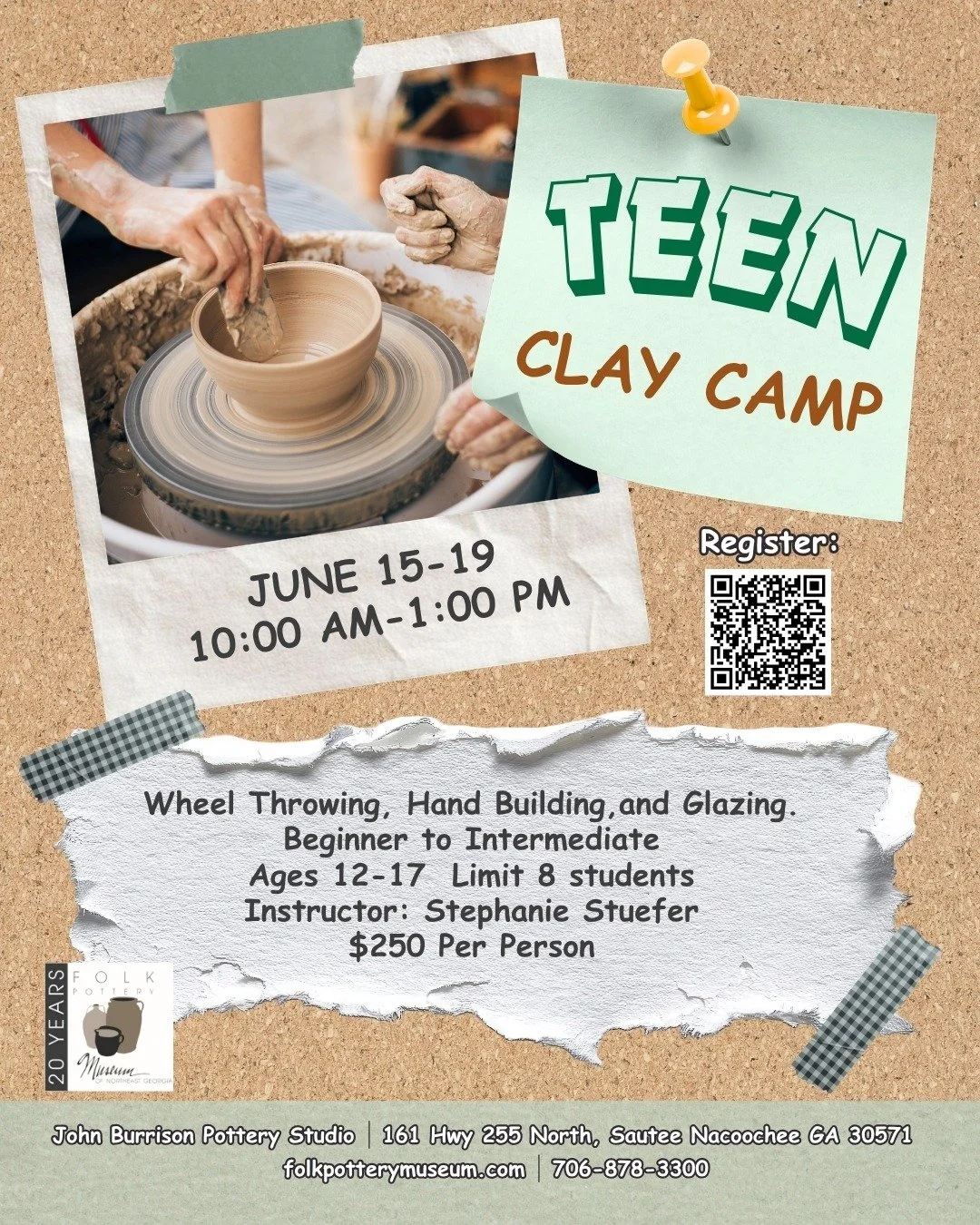 Get your hands dirty and your creativity spinning at Teen Clay Camp!

Join ceramic artist and educator Stephanie Stuefer for an immersive week of wheel throwing, hand-building, glazing, and surface design. Whether you&rsquo;re brand new to clay or al