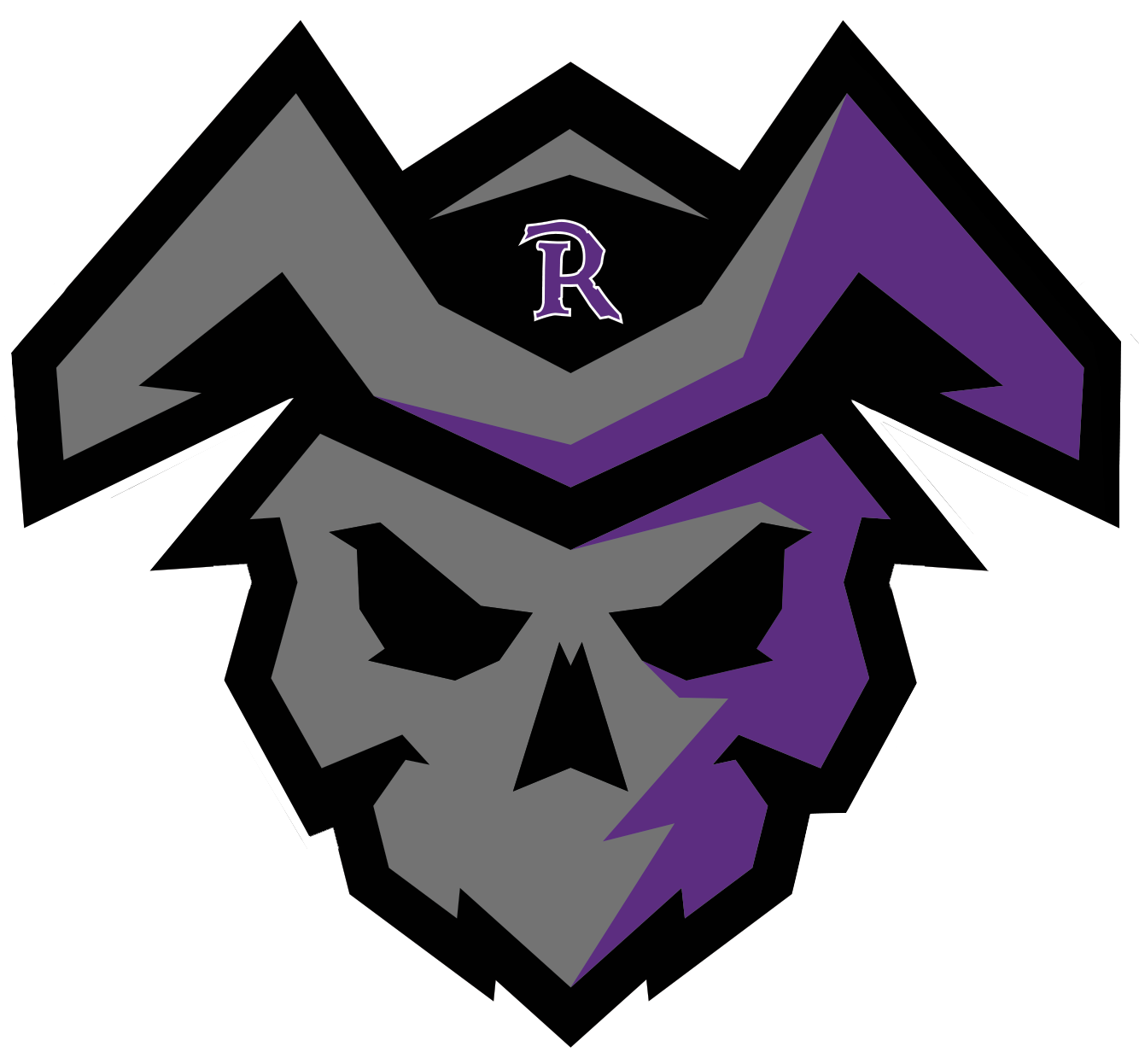 A stylized graphic of a lion's head with a skull face, in black, gray, purple, and white colors, with a purple letter R on the forehead.