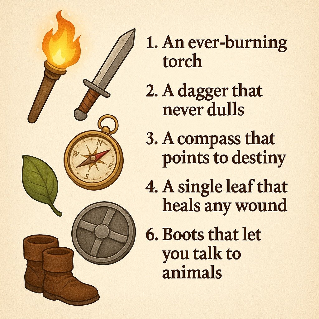 You&rsquo;re packing for an epic quest and your satchel can only hold 3 items. Choose wisely:

✨ An ever-burning torch

🗡️ A dagger that never dulls

🧭 A compass that points to destiny

🛡️ A pocket-sized collapsible shield

🍃 A single leaf that h