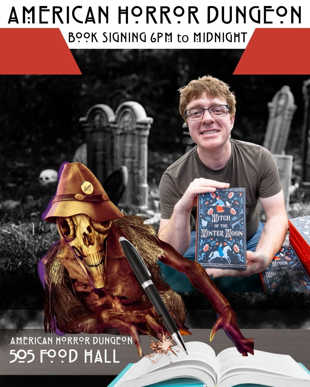 📚👻 Step into the shadows&hellip; and meet the mind behind them.
Author Stuart Mascair will be signing copies of his chilling works, including Witch of the Winter Moon, at the American Horror Dungeon inside Haunted Scarecrow at the 505 Food Hall!

?