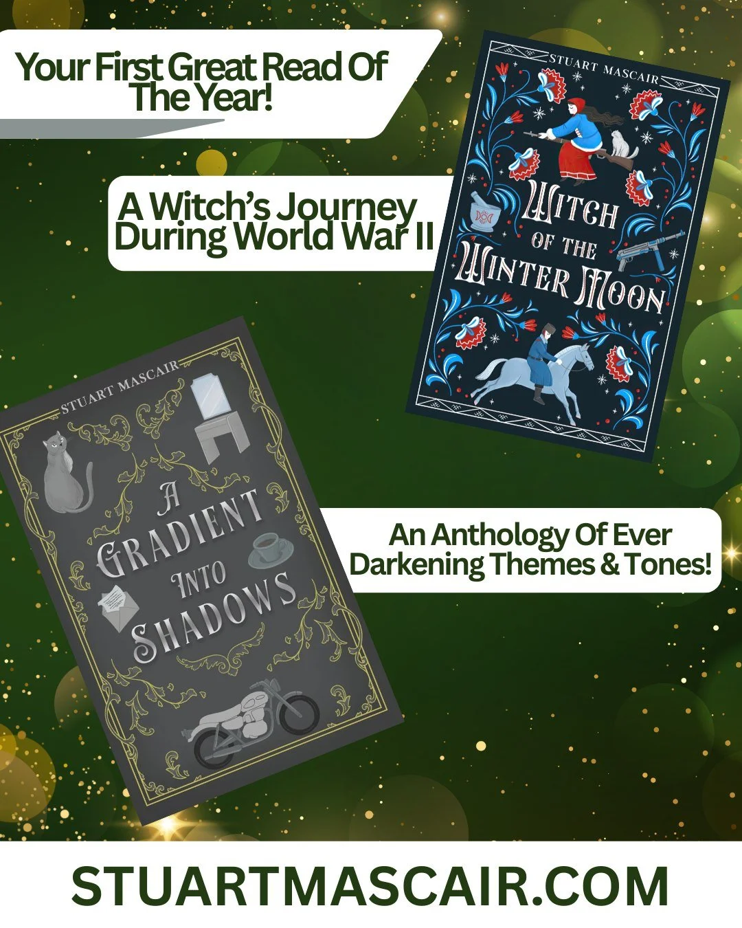 Every story is a journey. Stuart Mascair&rsquo;s worlds&mdash;from the magical tension of Witch of the Winter Moon to the dark imagination of A Gradient into Shadows&mdash;invite you to step inside and explore.

Find the books at stuartmascair.com!

