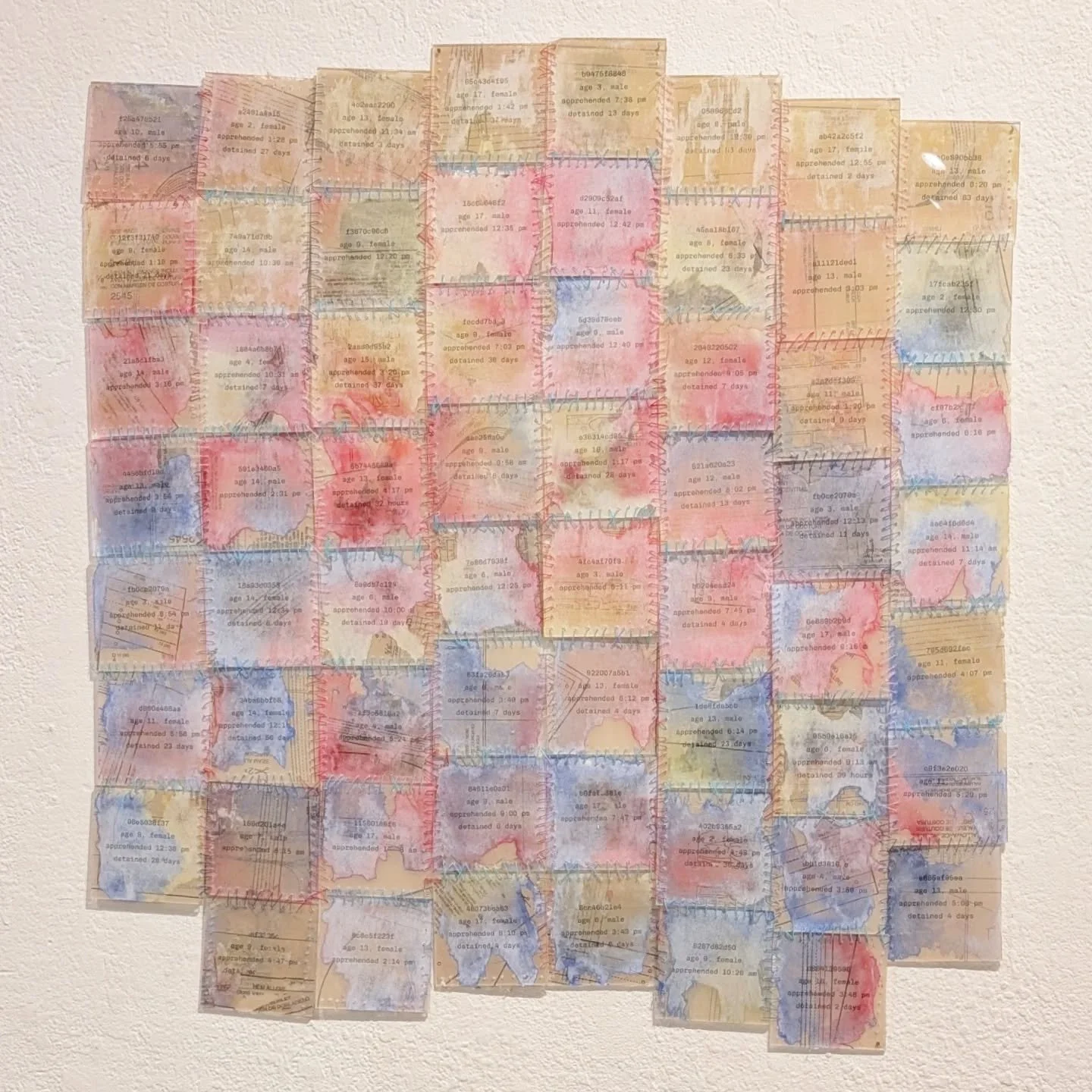"June 4, 2025"
Plexiglass, ink, watercolor
Children arrested in one day by ICE. For the Roadmap show at @arcgallerysf 

A plexiglass quilt stitched together with thread, layered with photos and sewing patterns reflecting home, love and care
