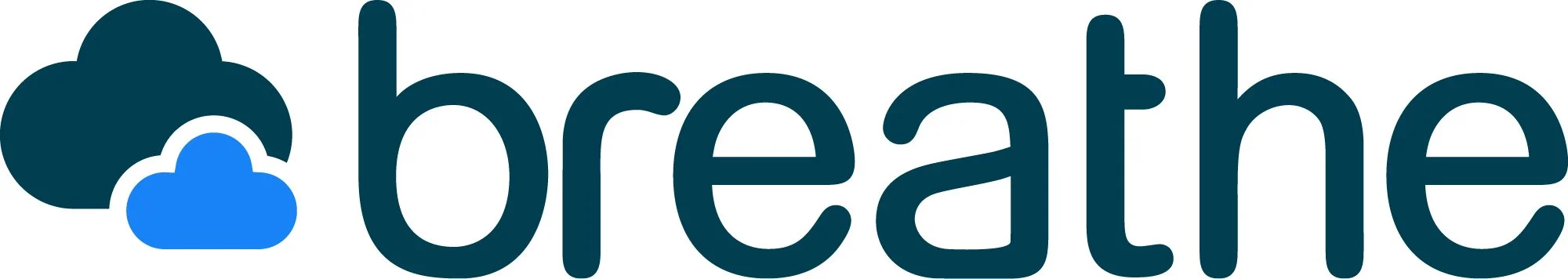 Logo with the word 'breathe' next to two cloud icons, one larger and dark blue, the other smaller and light blue.