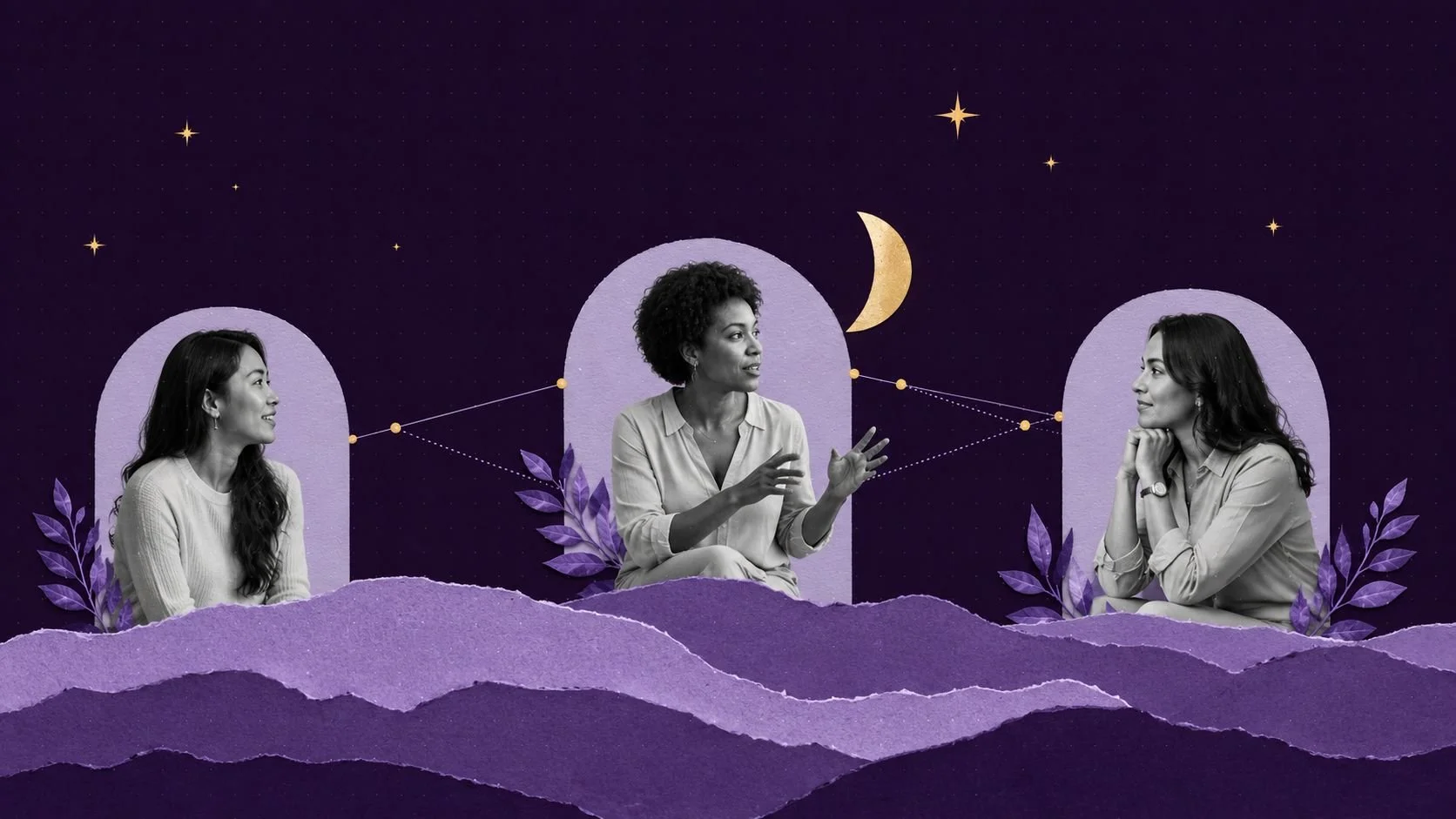 A graphic representation of a referral network for women in business featuring black and white images of diverse women against a purple, starry night background