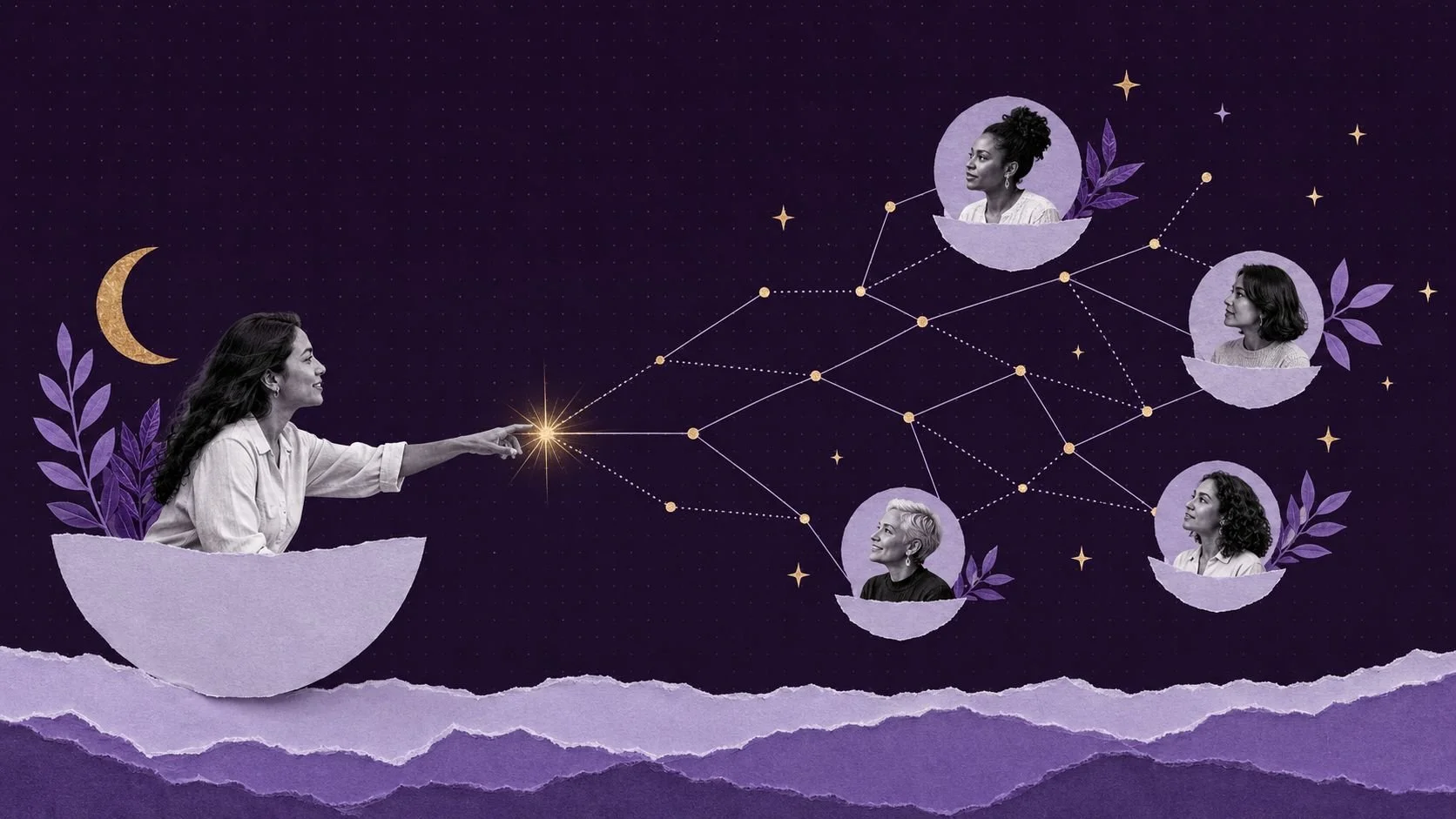 A conceptual image of a woman building aligned connections from Rhaina.