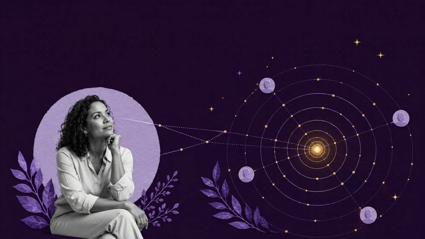 A graphic concept of the neuroscience behind great introductions featuring a black and white image of a woman with a purple background and constellation concept.
