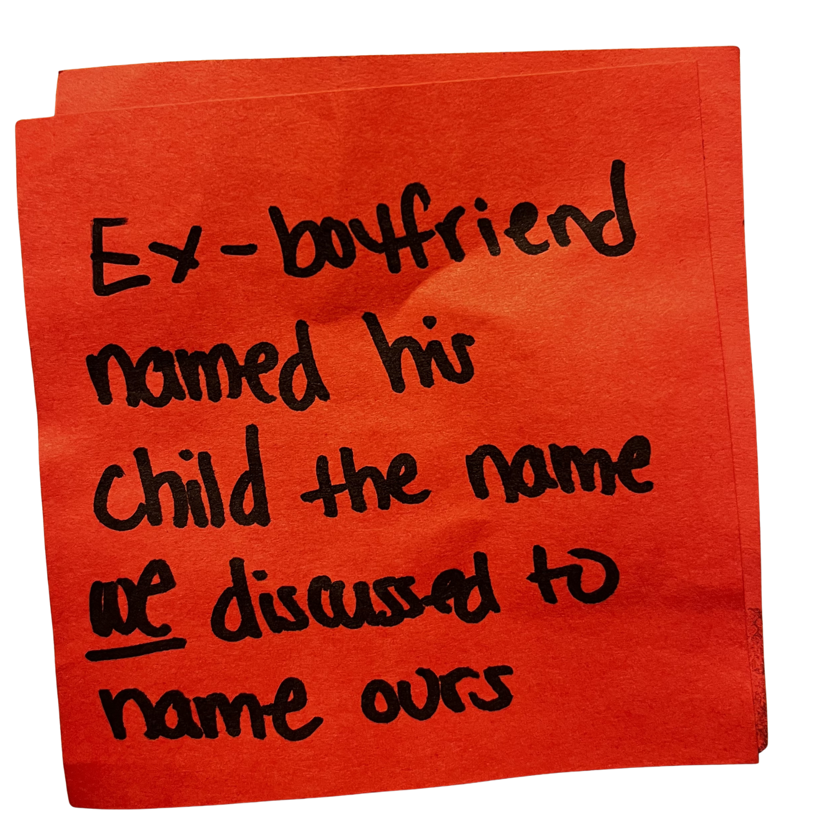 Wall of Shame Post it — as seen in New York Time's article on "Ex Files" anti-valentine's day unsent letter party