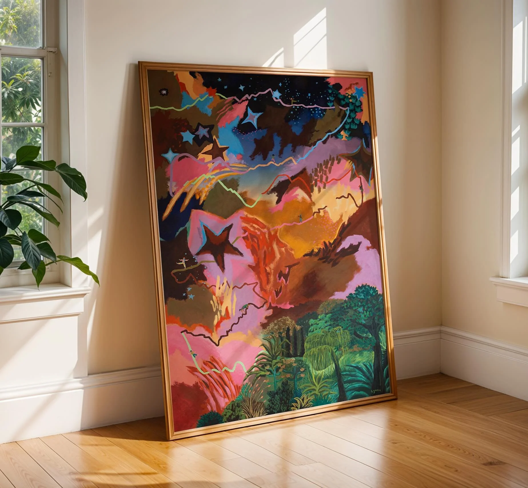 This painting was inspired by the daily reality of living with Type 1 Diabetes. The thin line that moves through the piece is made from real 12-hour CGM blood sugar graphs drawn by 13 youth ambassadors from the Breakthrough T1D South Central Texas Ch