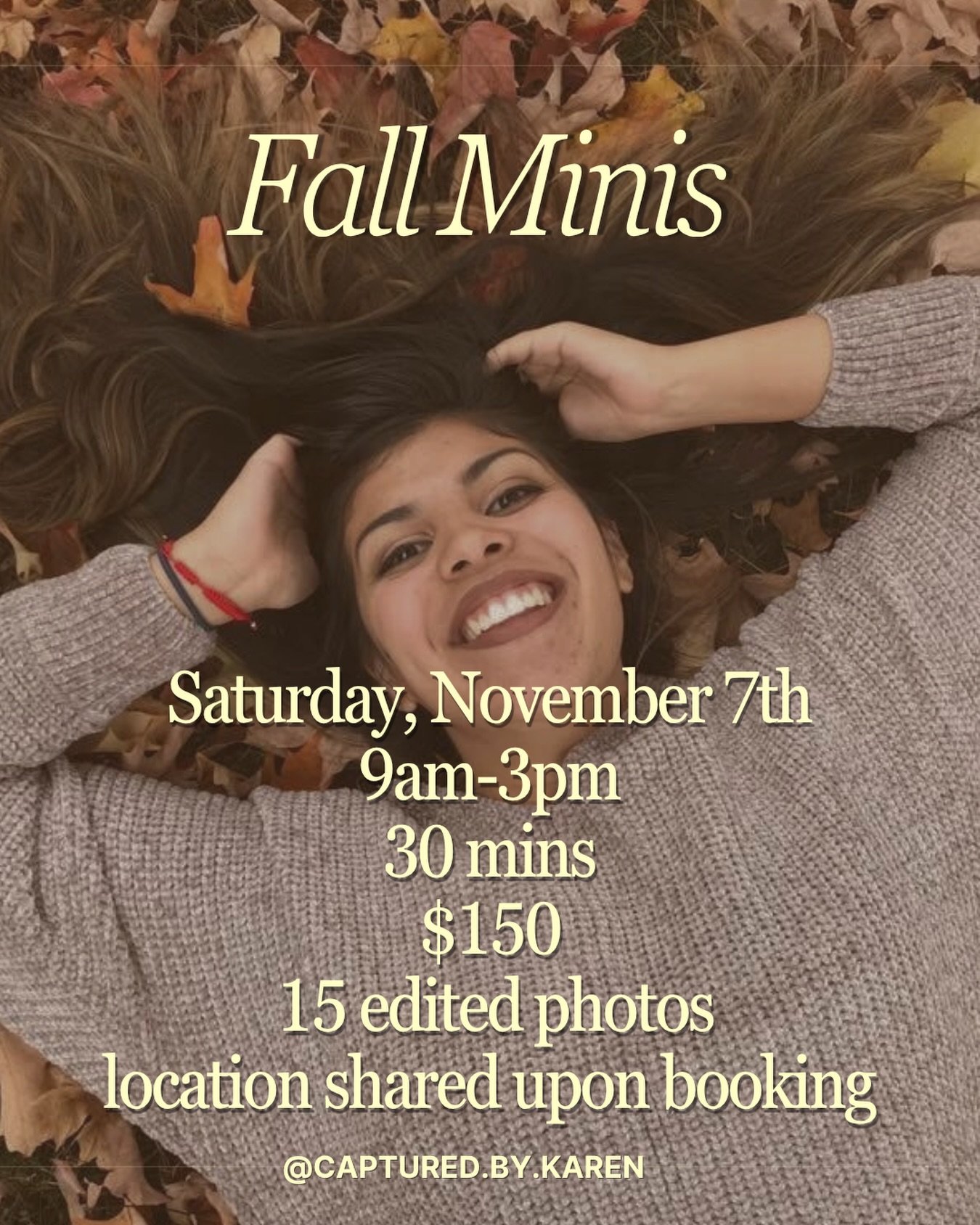 New date, better leaves🍂 
.
Fall minis are moving to Saturday, November 7th so we can catch the foliage at its peak🥹🤩☀️
.
Same details, just a prettier backdrop🤪
30 mins, 15 edited photos, $150. 
.
Link in bio to book!
.
Looking forward to captur