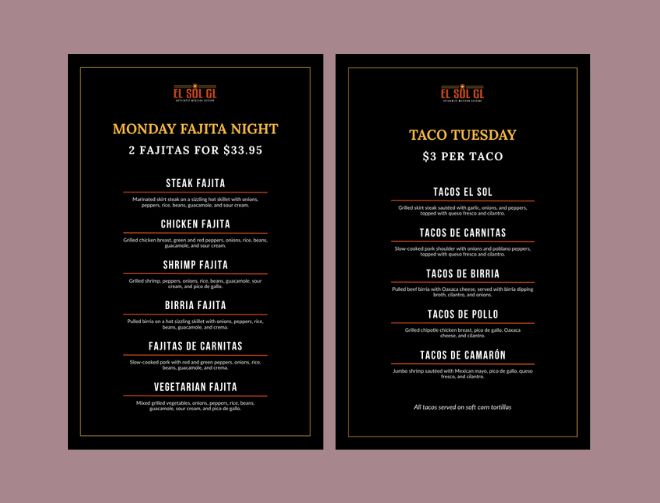 El Sol GL Menu Design