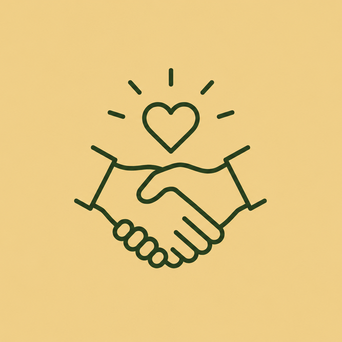 An icon showing two hands shaking and a heart between them.