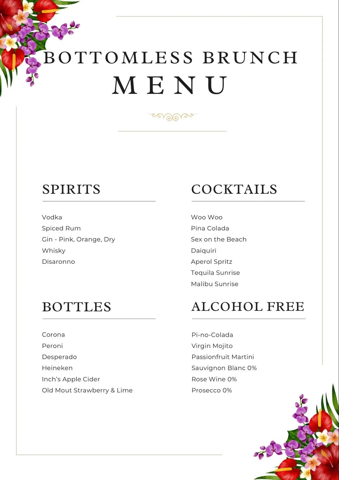 Bottomless brunch menu with sections for spirits, cocktails, bottles, and alcohol-free drinks, decorated with floral designs in the top left and bottom right corners.