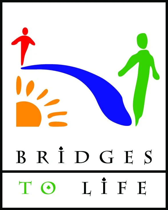 Logo with abstract figures, a sun, and a bridge, captioned 'Bridges to Life'