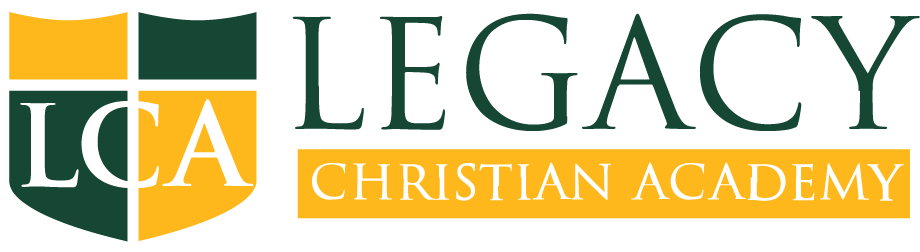 Logo of Legacy Christian Academy featuring a shield divided into four parts with green and yellow colors, and the text 'LEGACY CHRISTIAN ACADEMY' beside it.