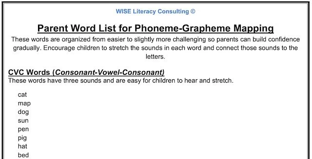 Parent-Word List for Phoneme-Grapheme Mapping