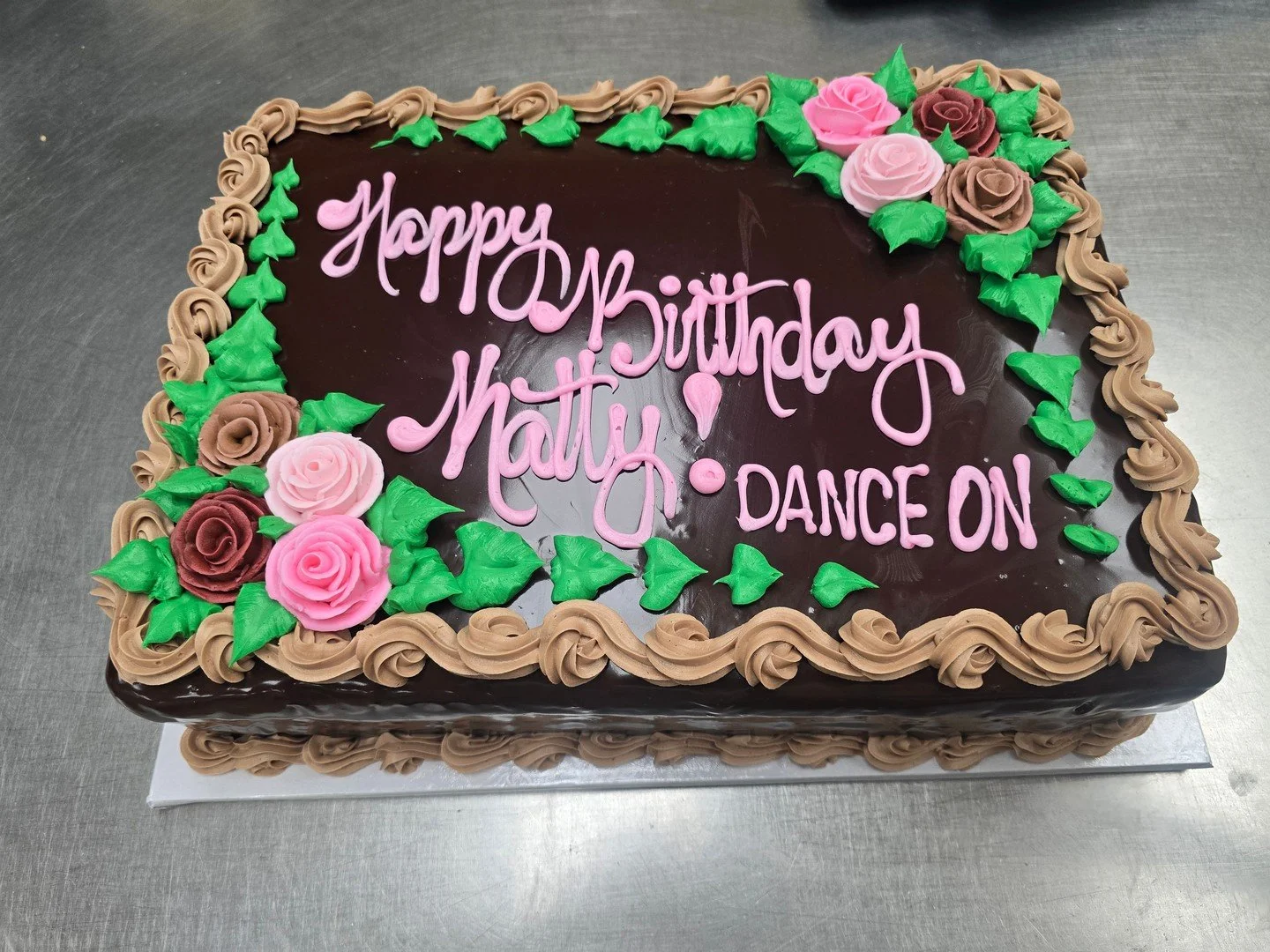 Happy Birthday Kathy! Dance On! #antoinespastryshop #cake #cakes #bakery #bakerylife #ganachecake #ganache #chocolate #roses #halfsheetcake #richthebaker
