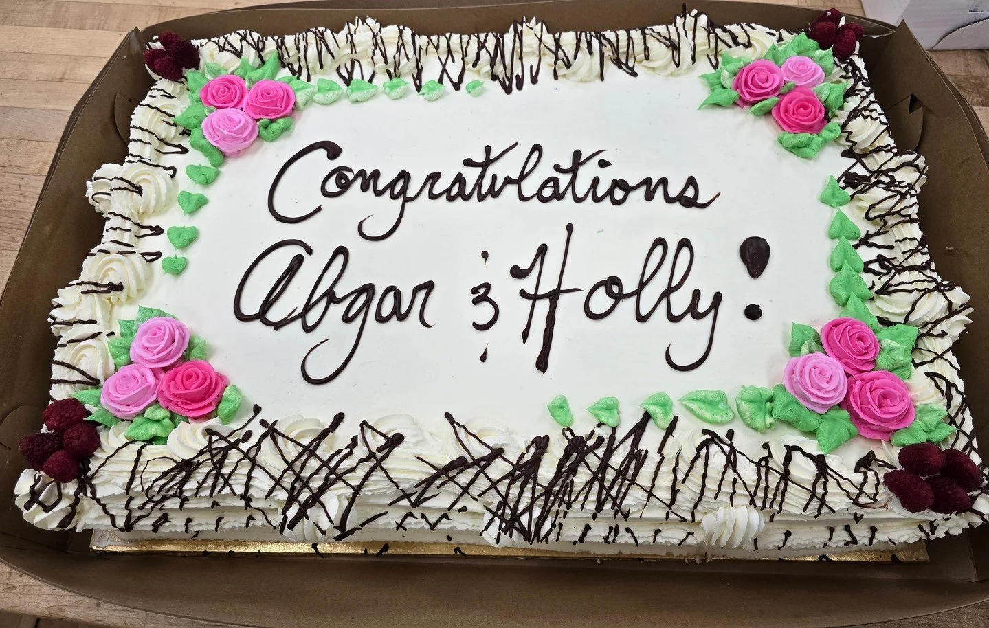 Congratulations Algar and Holly! #antoinespastryshop #whipcreamraspberry #bake #baker #richthebaker #happybirthday #birthdays #freshcake #whipcream #raspberry