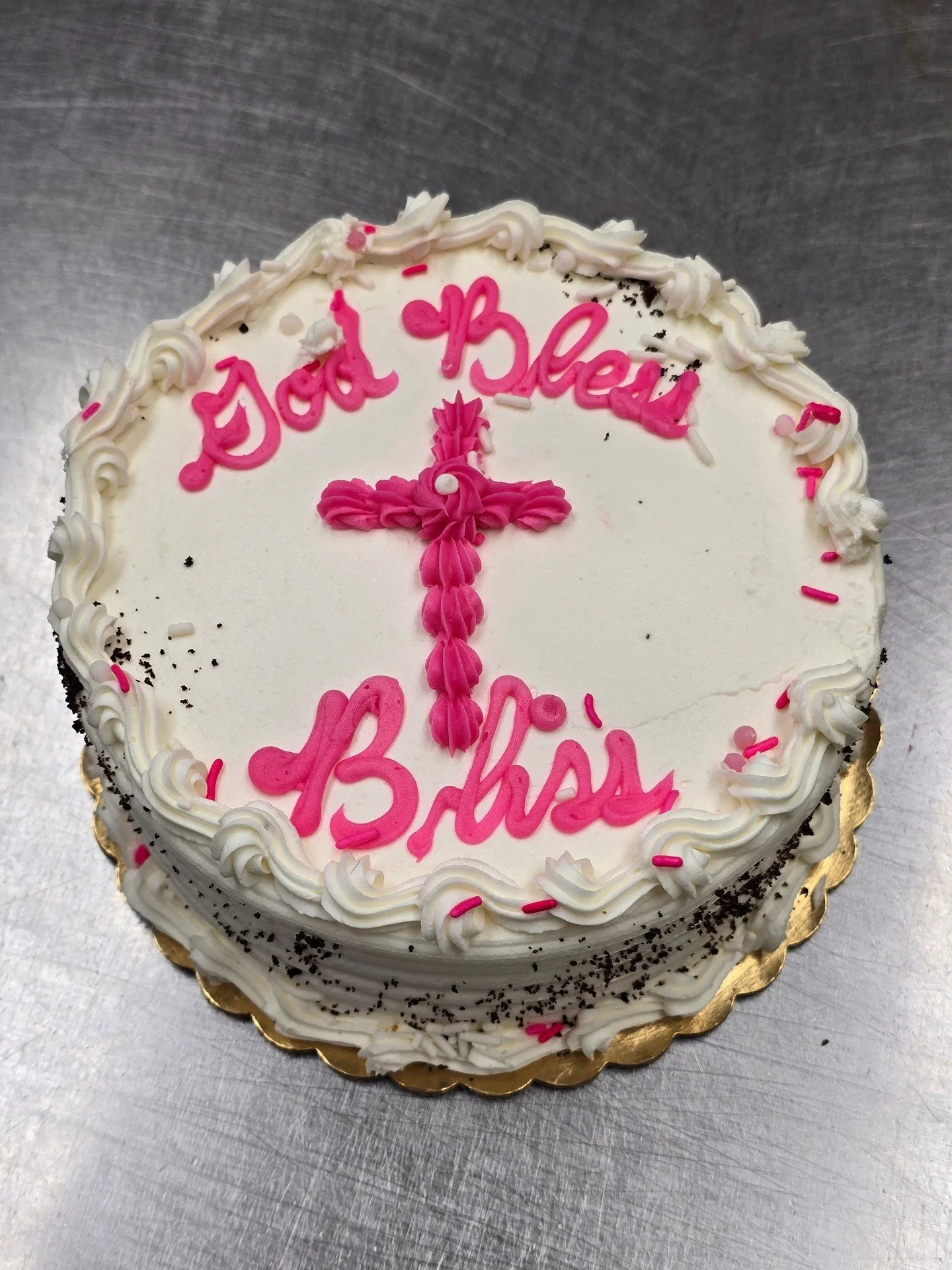 God Bless Bliss! #antoinespastryshop #vanillacake #bake #baker #richthebaker #baptism #church #freshcake #frosting #cross #jesus