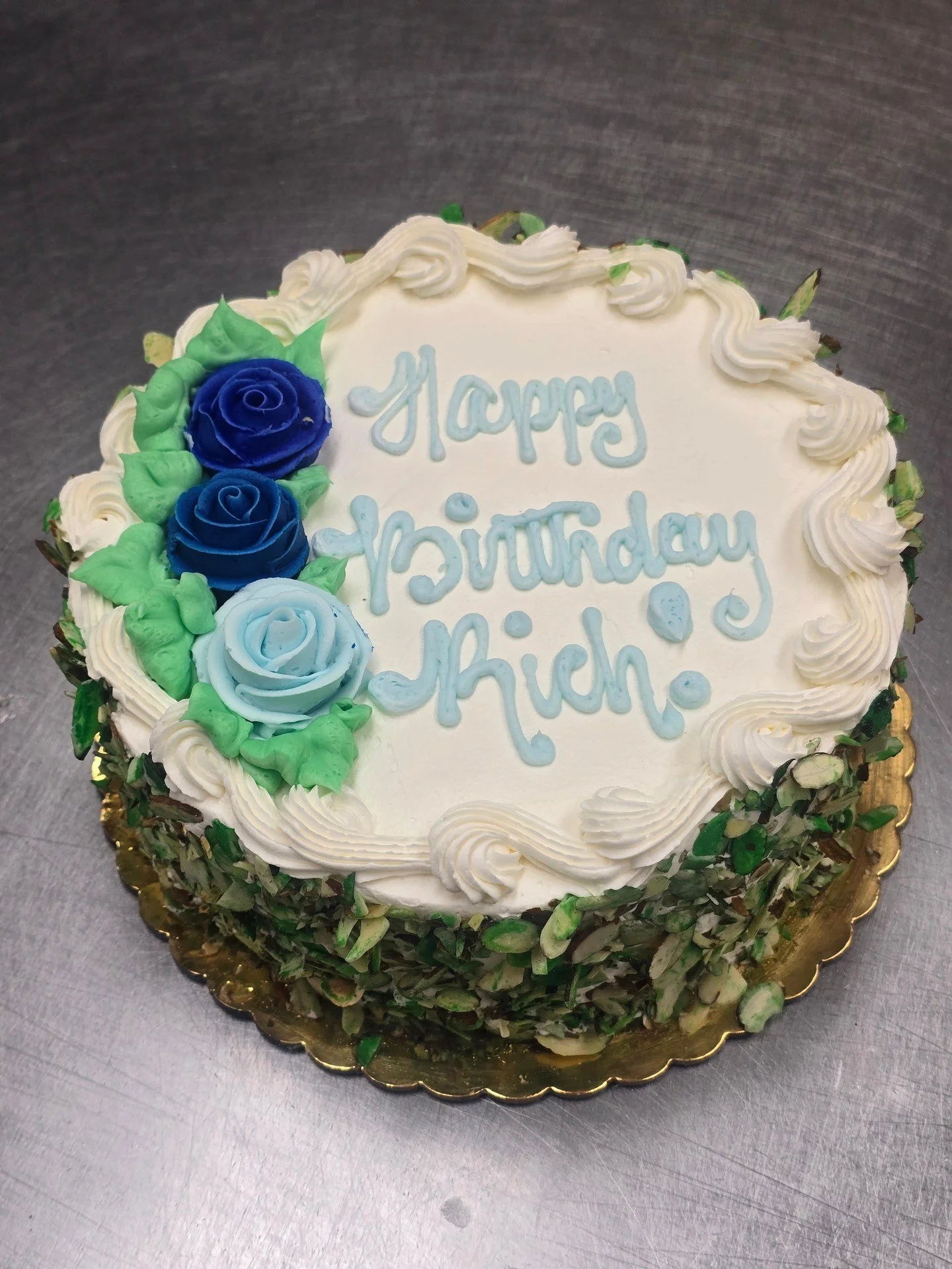 Happy Birthday Rich! #antoinespastryshop #italianrumcake #italy #italian #frosting #nuts #bluefrosting #happybirthday #richthebaker #italianrum