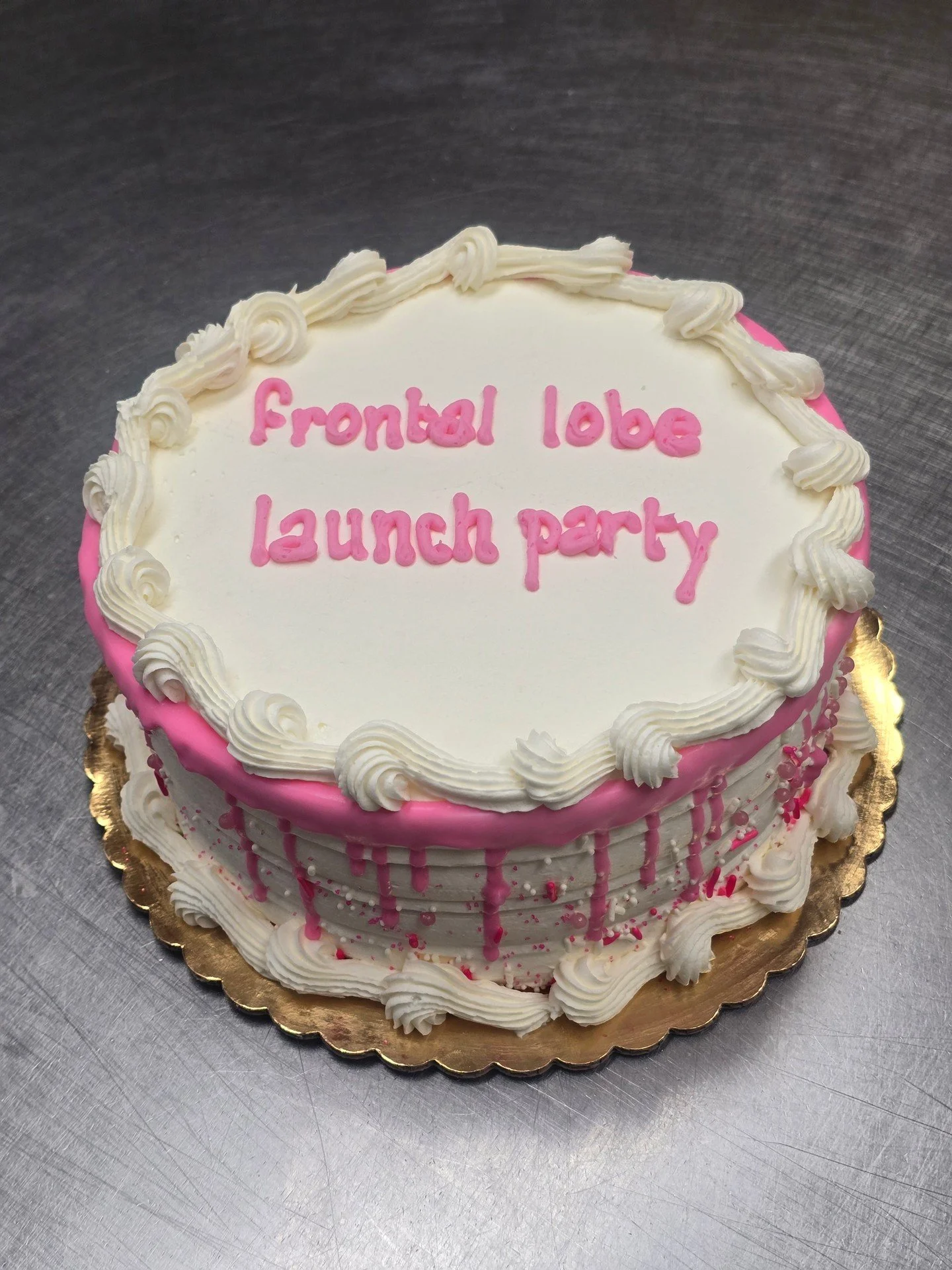 Frontal Lobe Launch Party!! #antoinespastryshop #cake #cakes #sprinkles #pinkfrosting #richthebaker #happybirthday #pinkchocolate #pink