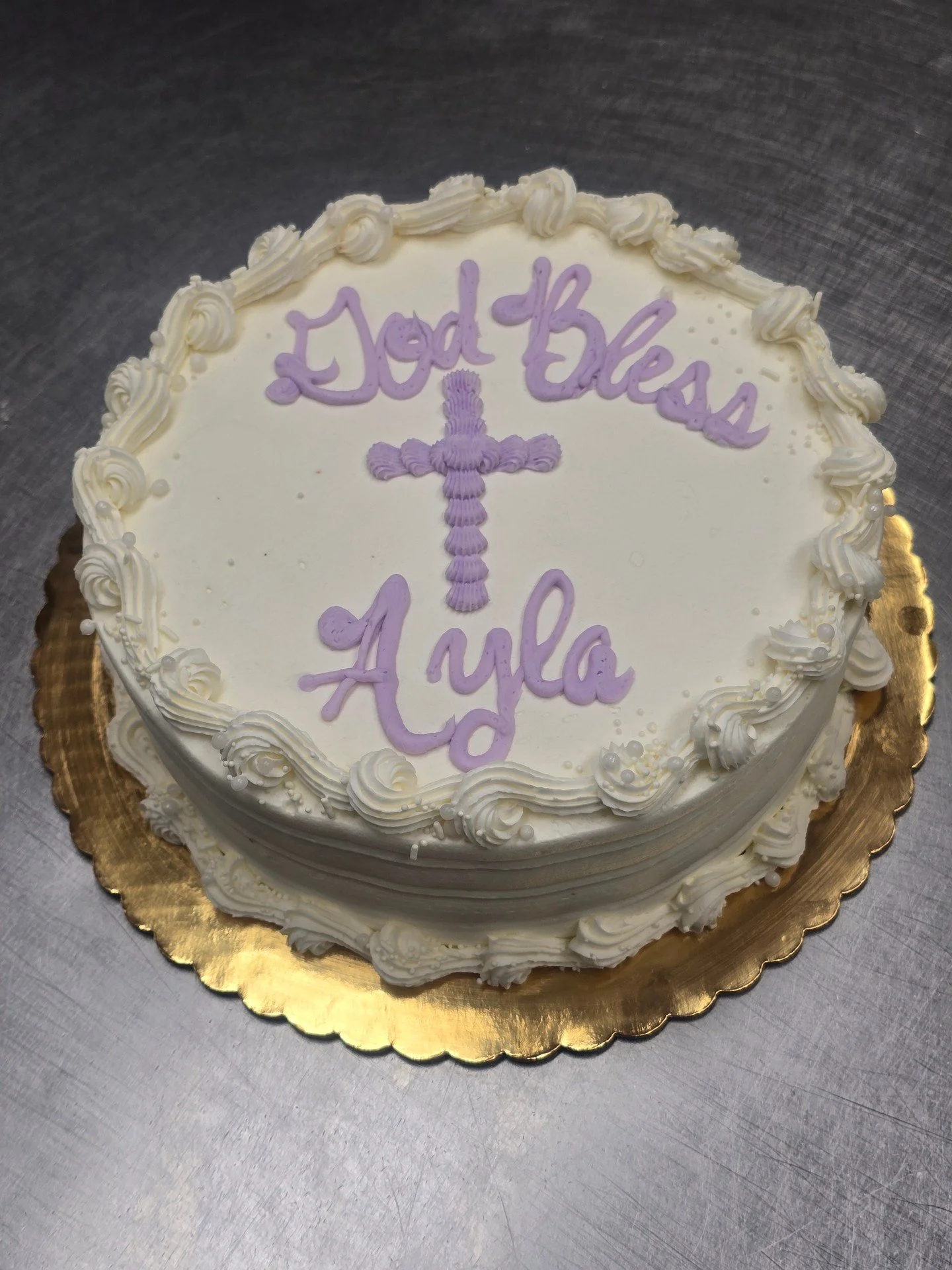 God Bless Ayla! #antoinespastryshop #cake #cakes #purplefrosting #frosting #godbless #vanilla #richthebaker