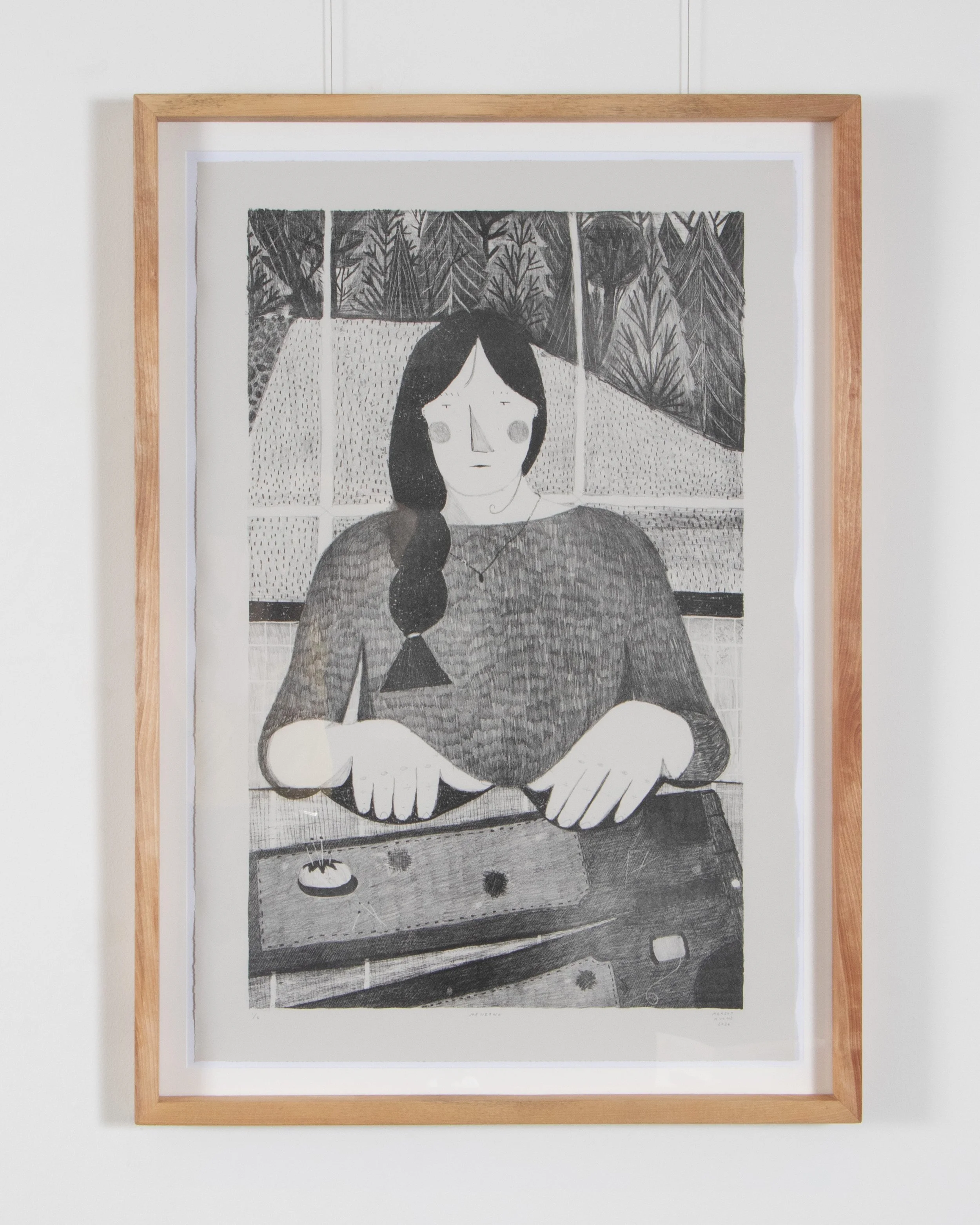 "Mending" Stone Lithography on Pearl Grey Stonehenge, 32" x 20" (image)