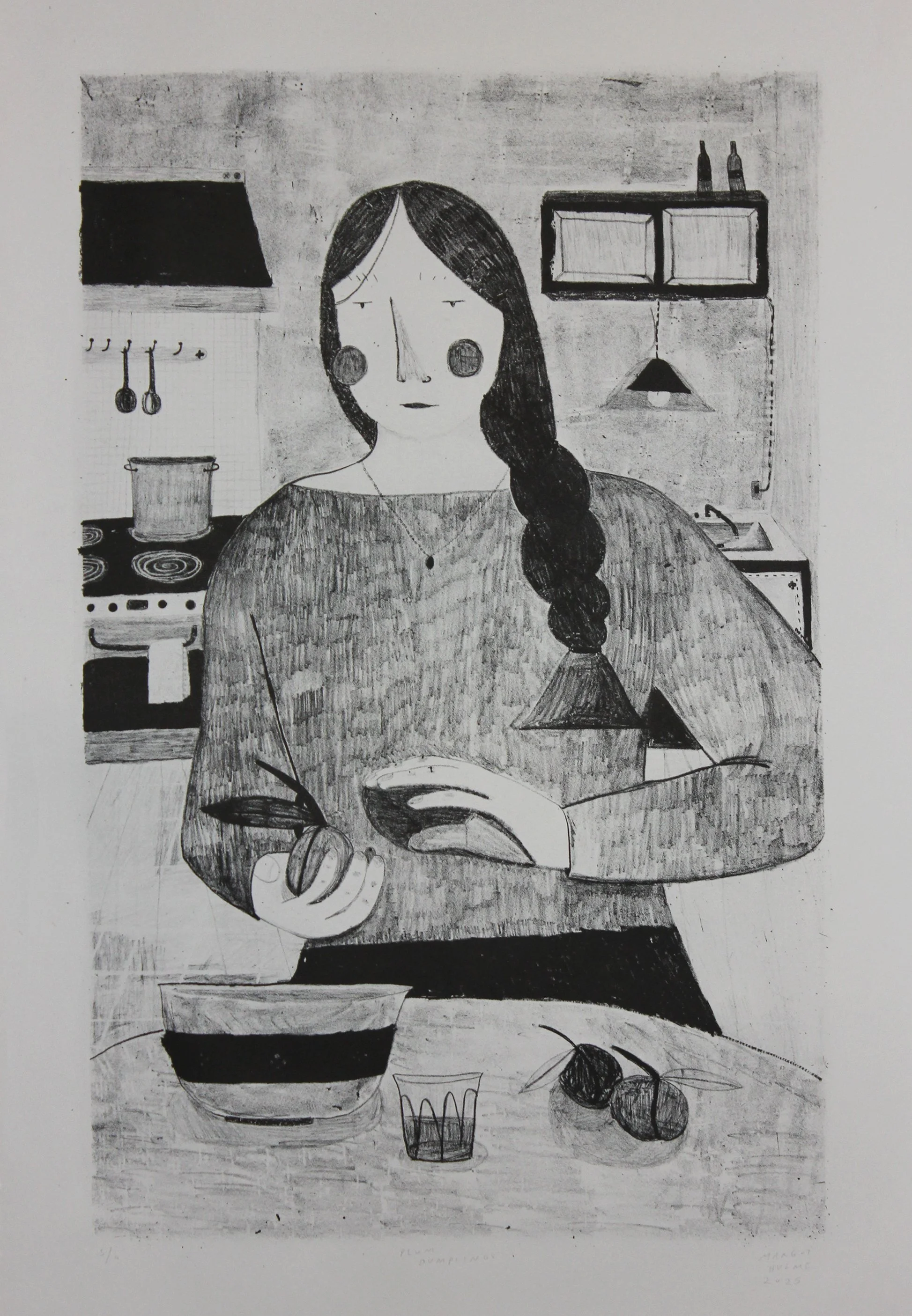 "Plum Dumplings" (2025), Stone Lithography on Pearl Grey Stonehenge, 20" x 32" (image)