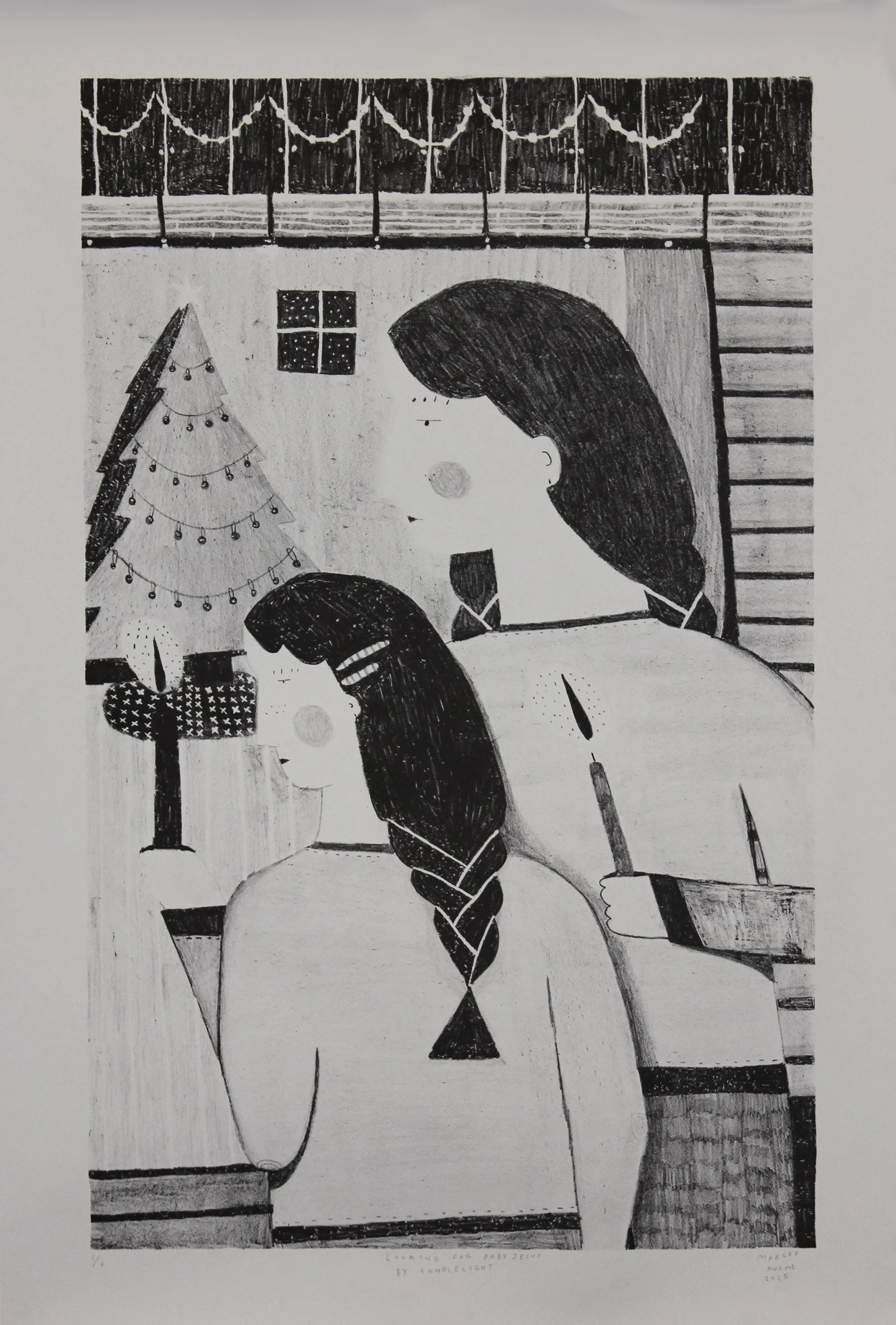 "Looking For Baby Jesus On Christmas" (2025), Stone Lithography on Pearl Grey Stonehenge, 20" x 32" (image)