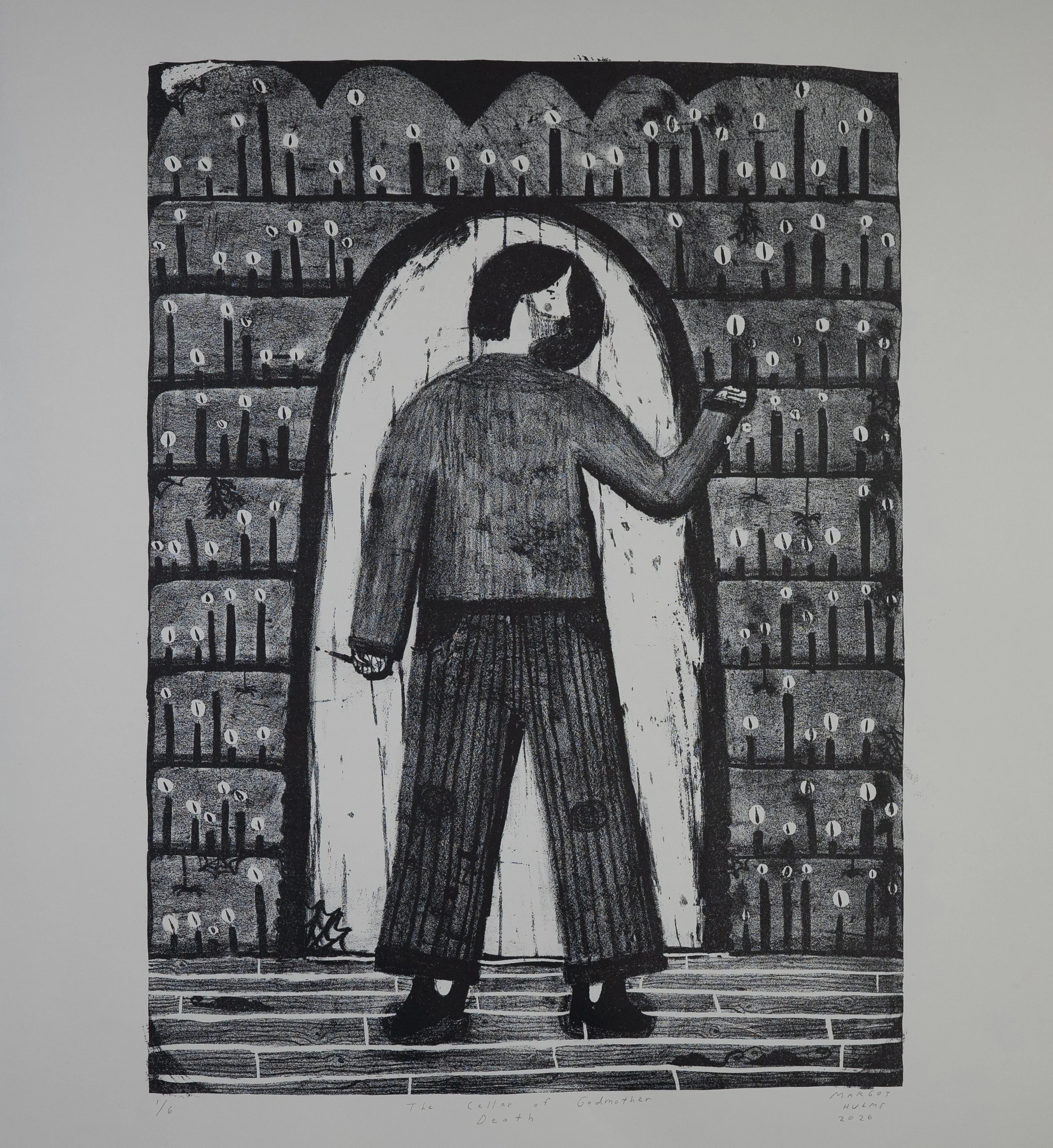 "In The Cellar Of Godmother Death" (2026), Stone Lithography on Mohawk Superfine, 22" x 16" (image)