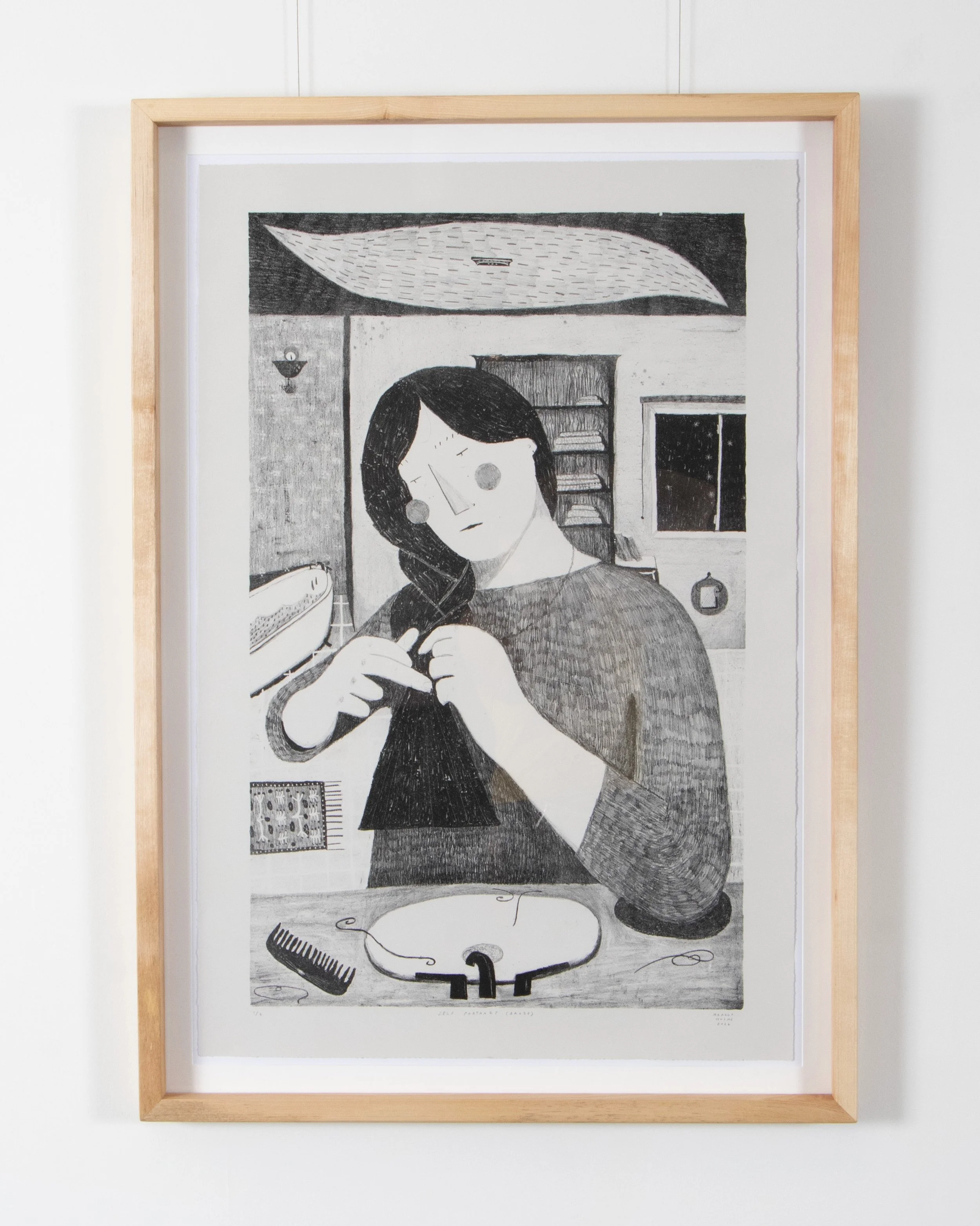 "Self Portrait (Braid)" Stone Lithography on Pearl Grey Stonehenge, 32" x 20" (image)
