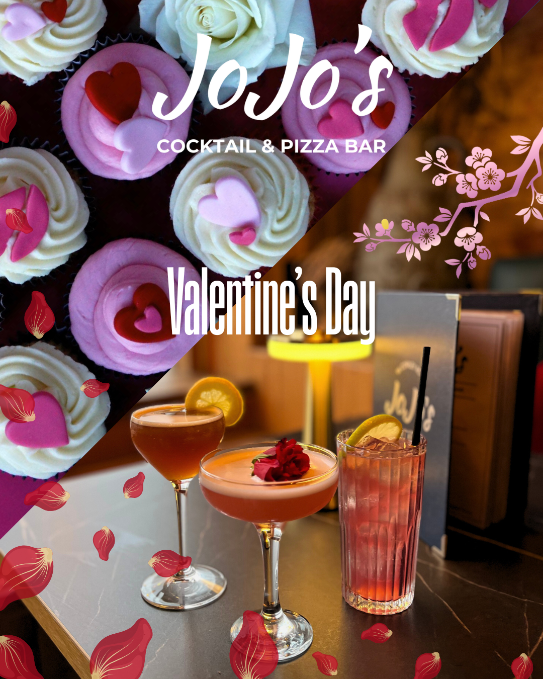 Valentine's Day promotion with Valentine's Day themed cupcakes and drinks at JoJo's Cocktail & Pizza Bar, Cowley Road, Oxford.