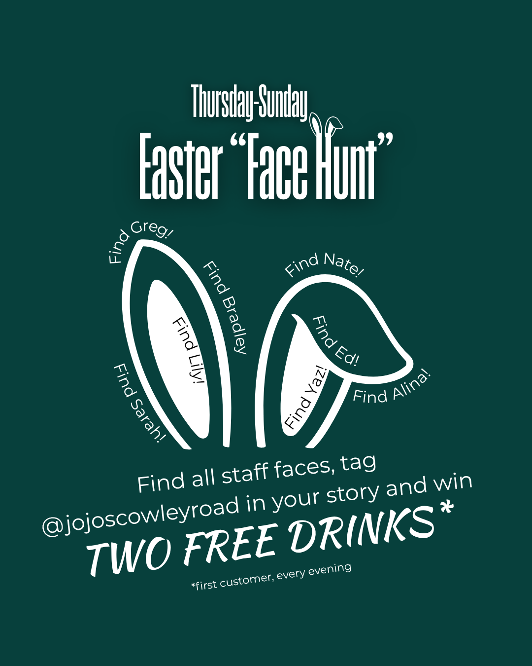 A poster for an Easter face hunt event with a dark green background, depicting cartoonish bunny ears to find staff members' faces at JoJo's Bar, Oxford, with instructions to share the story on social media for a chance to win two free drinks.