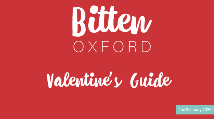 Red background with white and pink text promoting Bitten Oxford Valentine's Guide, dated February 2, 2026.