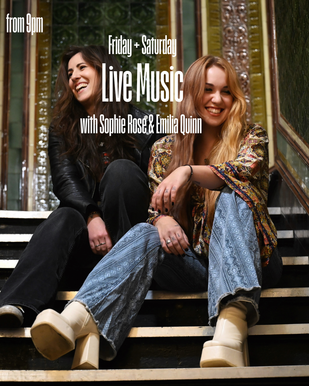 Two women sitting on a staircase in a decorative interior, both smiling. Text overlays advertise live music events Easter Friday and Saturday from 9 pm with performers Sophie Rose and Emilia Quinn at JoJo's Cocktail & Pizza Bar, Oxford.