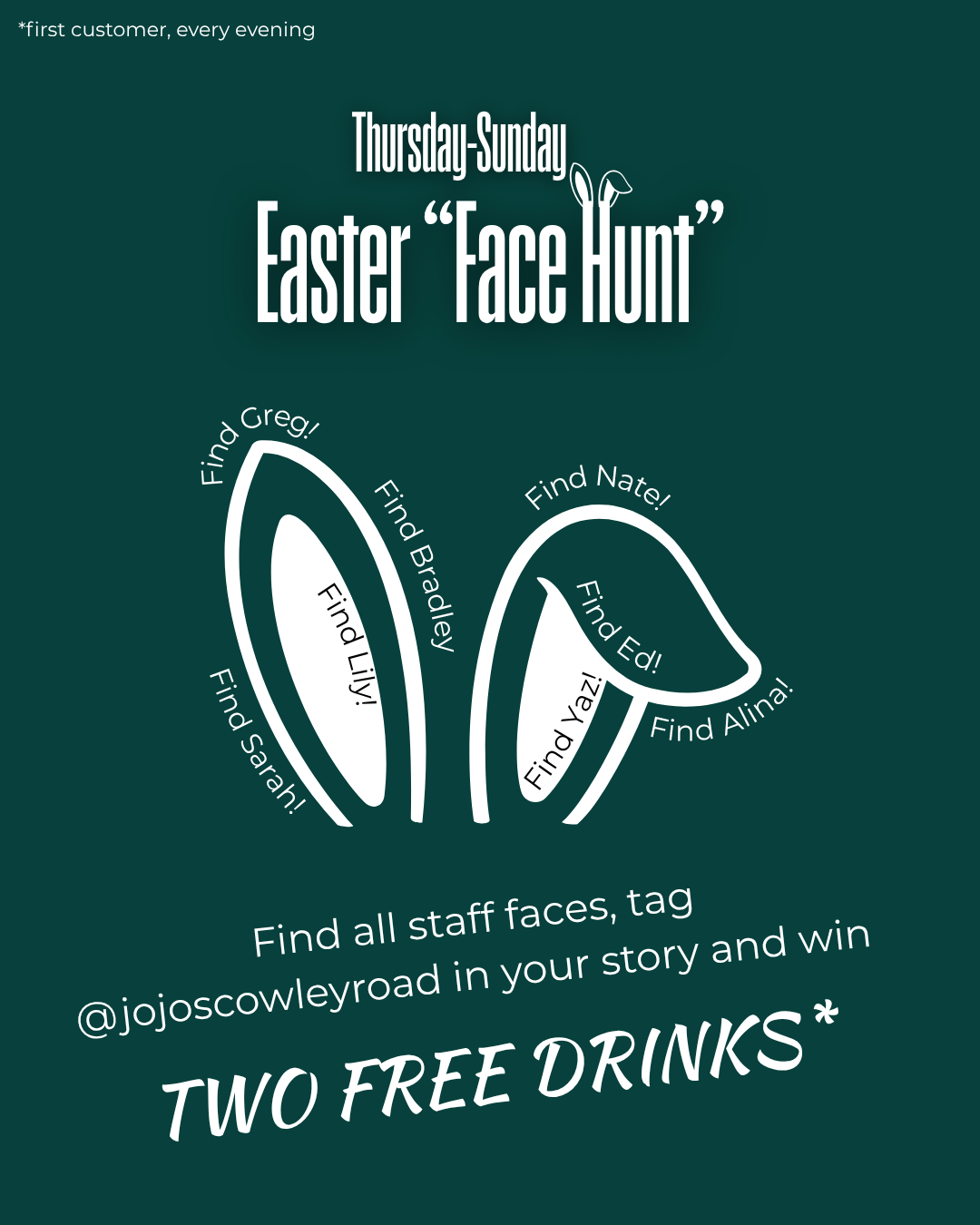 A poster for an Easter face hunt event with a dark green background, depicting cartoonish bunny ears to find staff members' faces at JoJo's Bar, Oxford, with instructions to share the story on social media for a chance to win two free drinks.