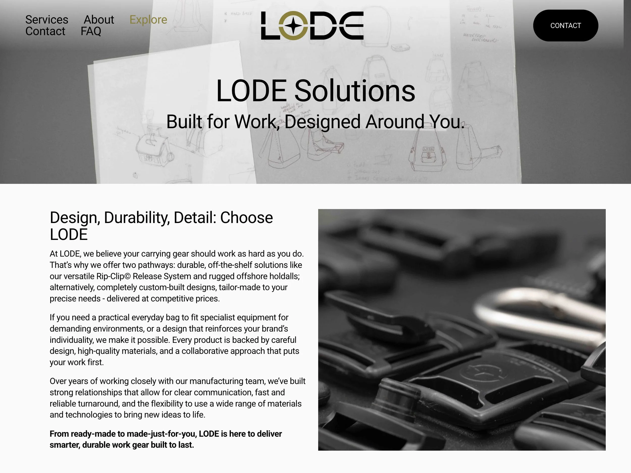 Screenshot of the LODE Group website featuring product visuals, layout, and digital design elements.