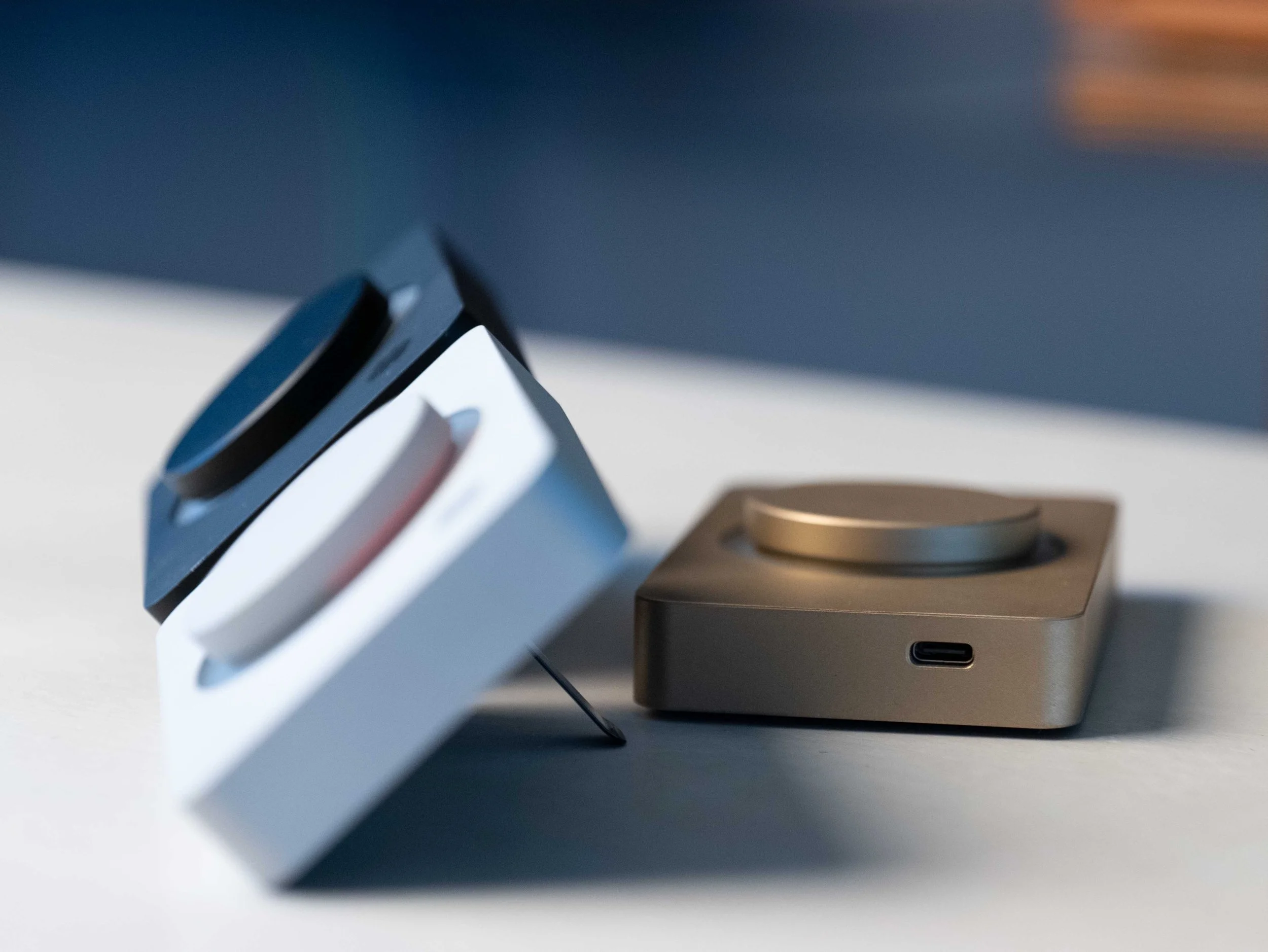 Close-up side view profile of the pomodoro timers in three finishes