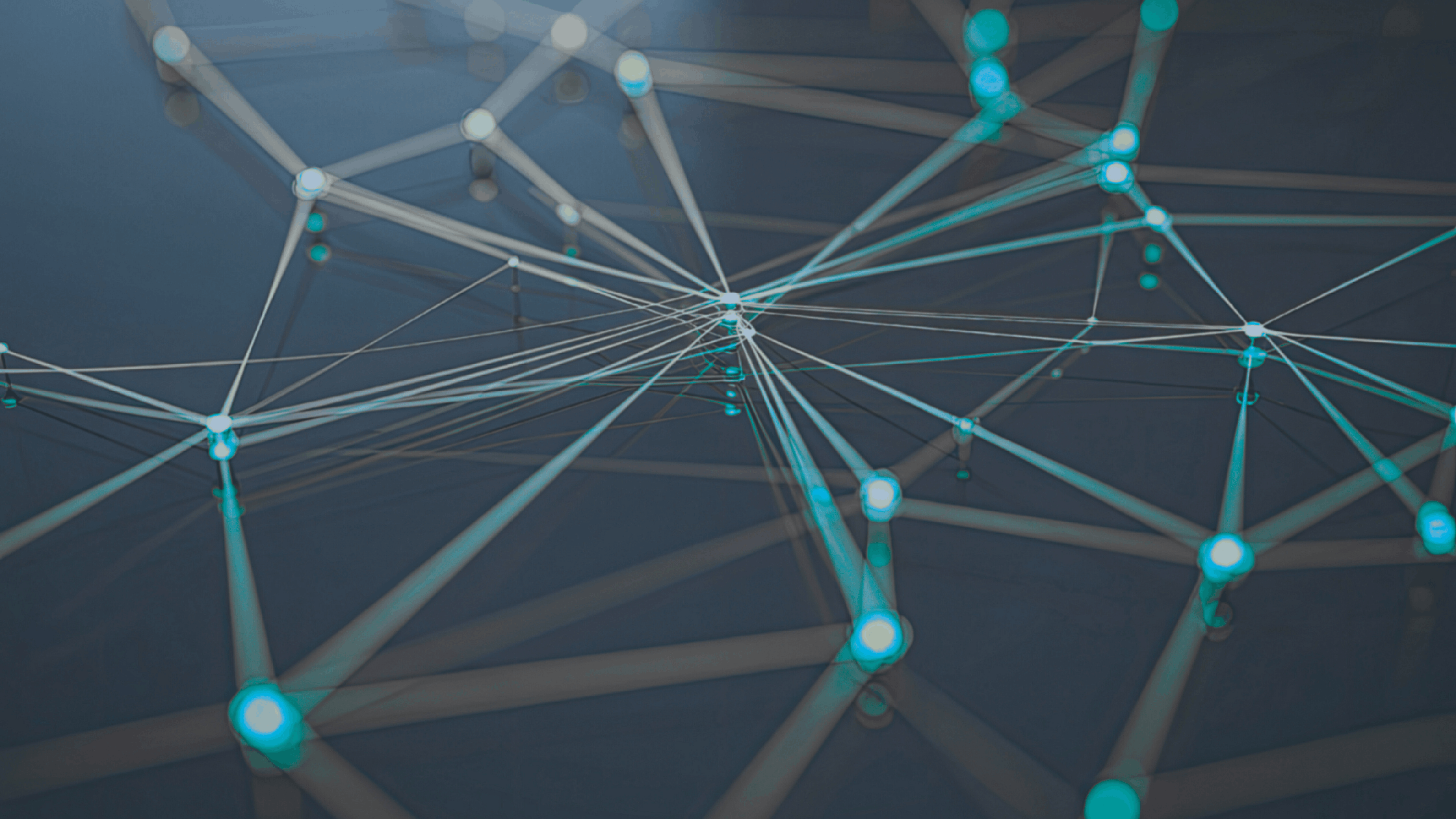 A digital illustration of interconnected nodes and lines forming a network or web, with glowing blue points at the nodes against a dark background.