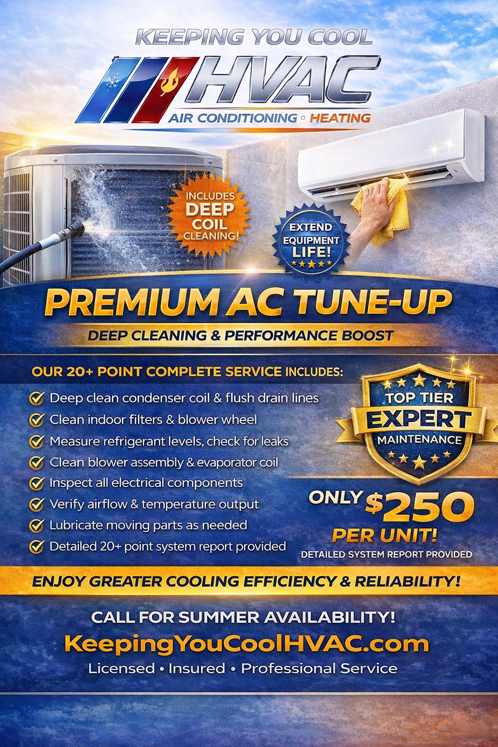 Advertisement for HVAC tune-up service highlighting deep cleaning, performance boost, and 20+ point checklist, with a price of $250 per unit, emphasizing expert maintenance and system report, with a web address keepingYouCoolHVAC.com.