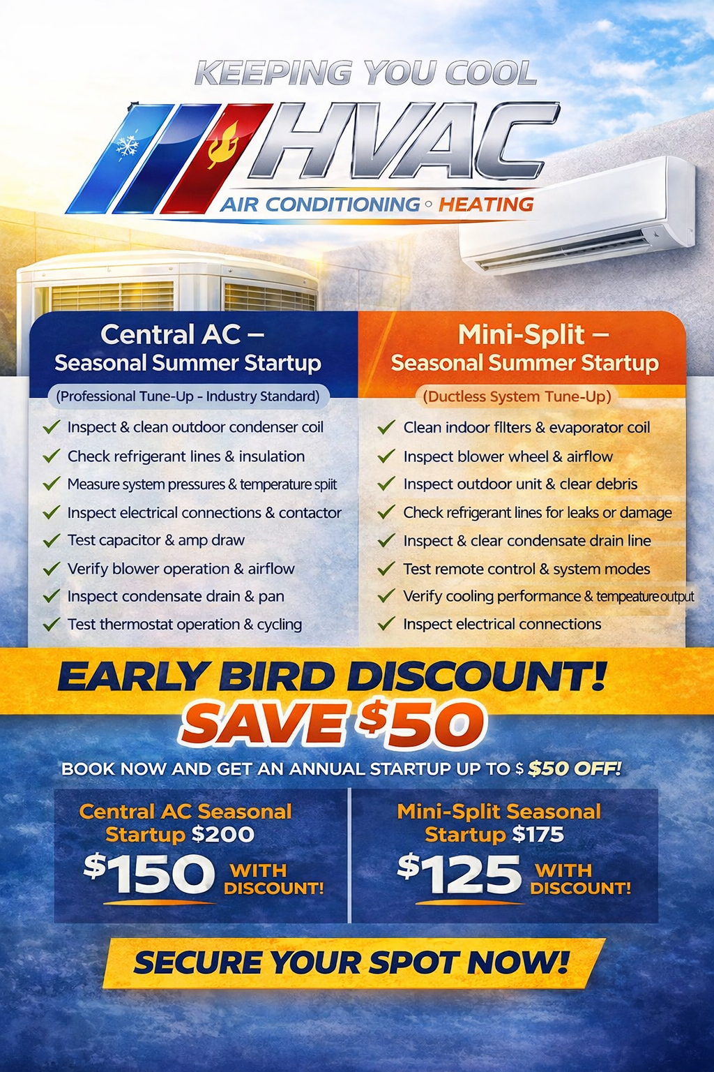 Advertisements for HVAC seasonal startup services with pricing discounts, featuring checklists for central air conditioning and mini-split systems.
