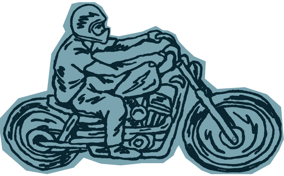 Line drawing of a person riding a motorcycle wearing a helmet.